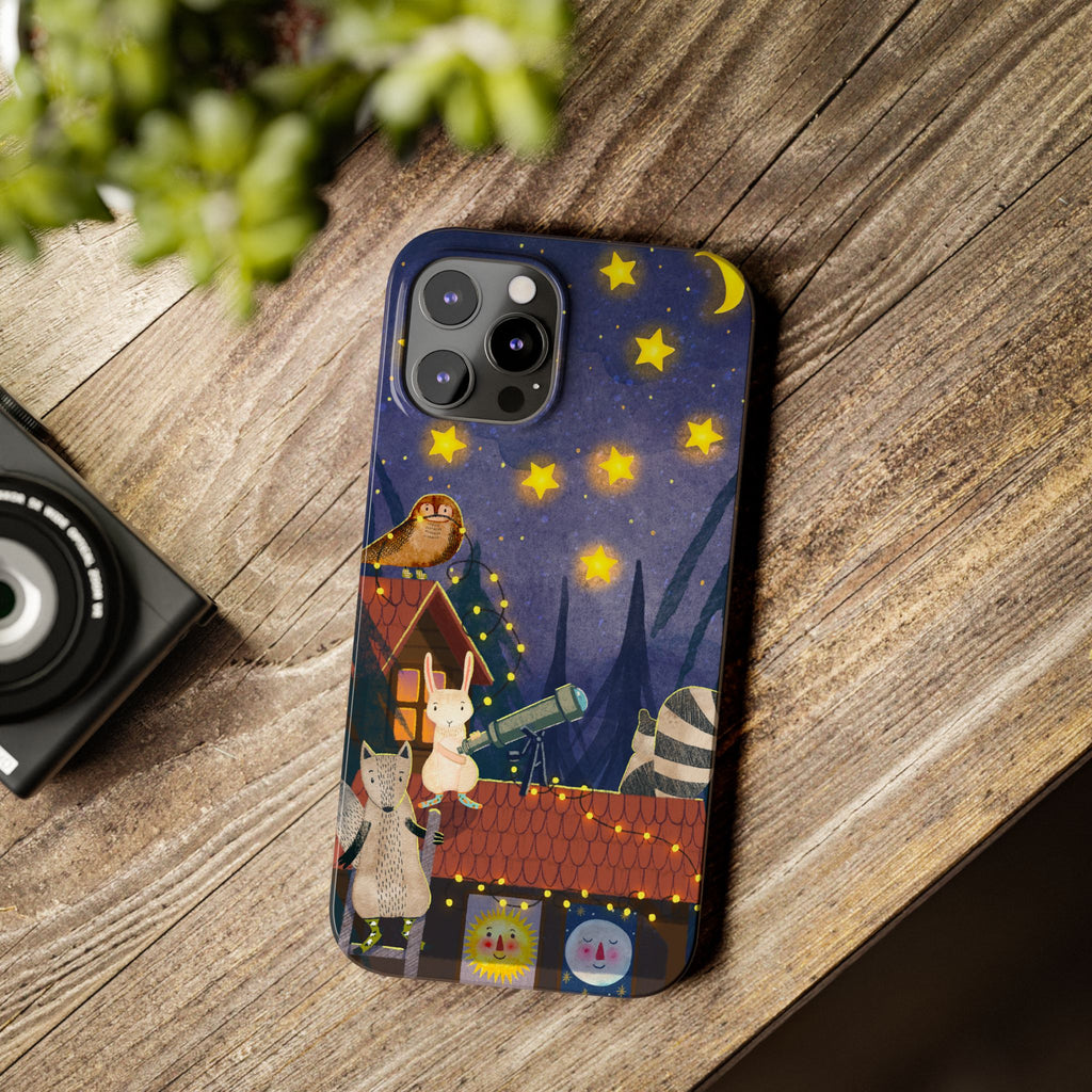 Stargazing Animals Slim iPhone Case, Night Sky Observatory Cover, Cute Forest Gift, Starry Night Gift, iPhone 16 15 14 13 12 11 X XR XS 8 7