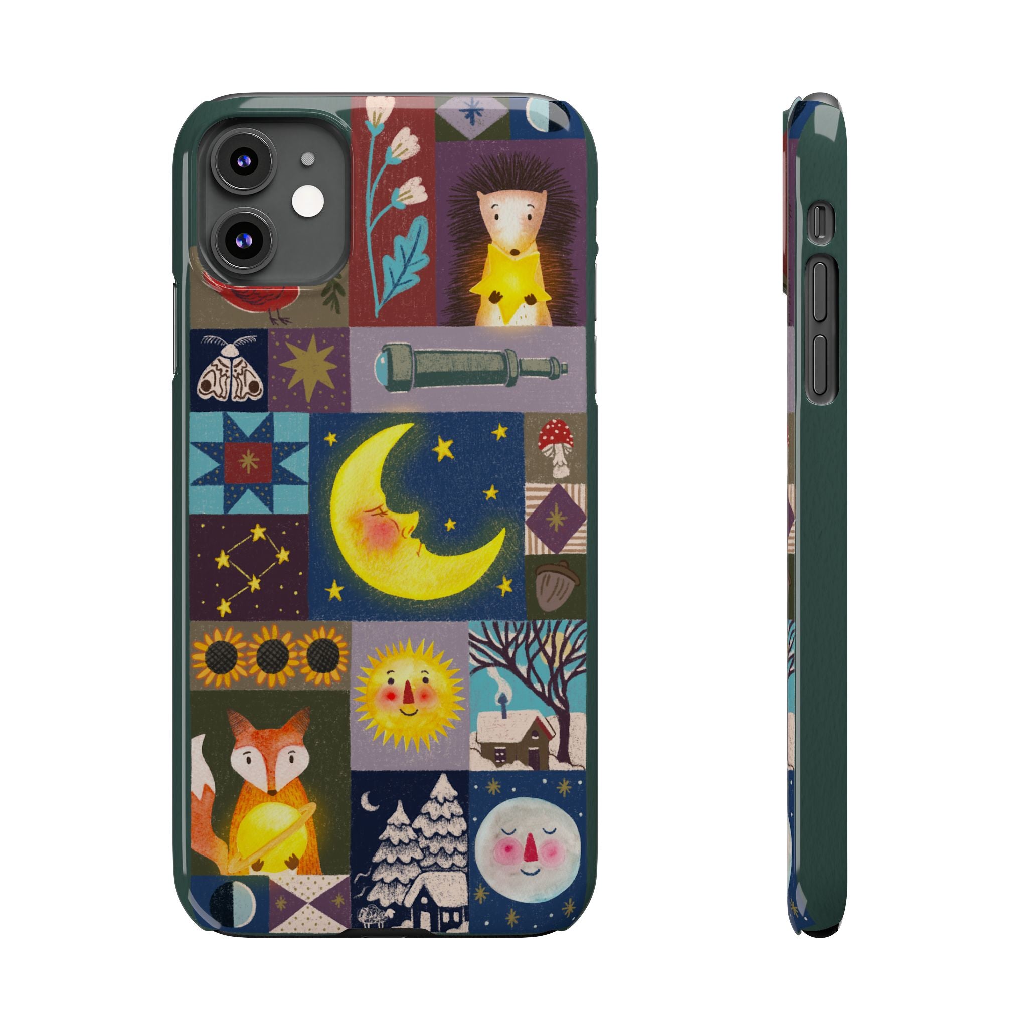 Celestial Quilt iPhone Case, Folk Art Moon Sun Fox Case, Nature Patchwork Cover, Cute Stellar Design, iPhone 7 8 X XR XS 11 12 13 14 15 16
