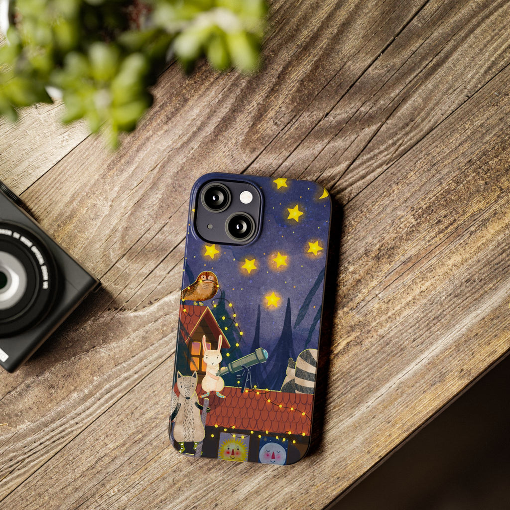 Stargazing Animals Slim iPhone Case, Night Sky Observatory Cover, Cute Forest Gift, Starry Night Gift, iPhone 16 15 14 13 12 11 X XR XS 8 7