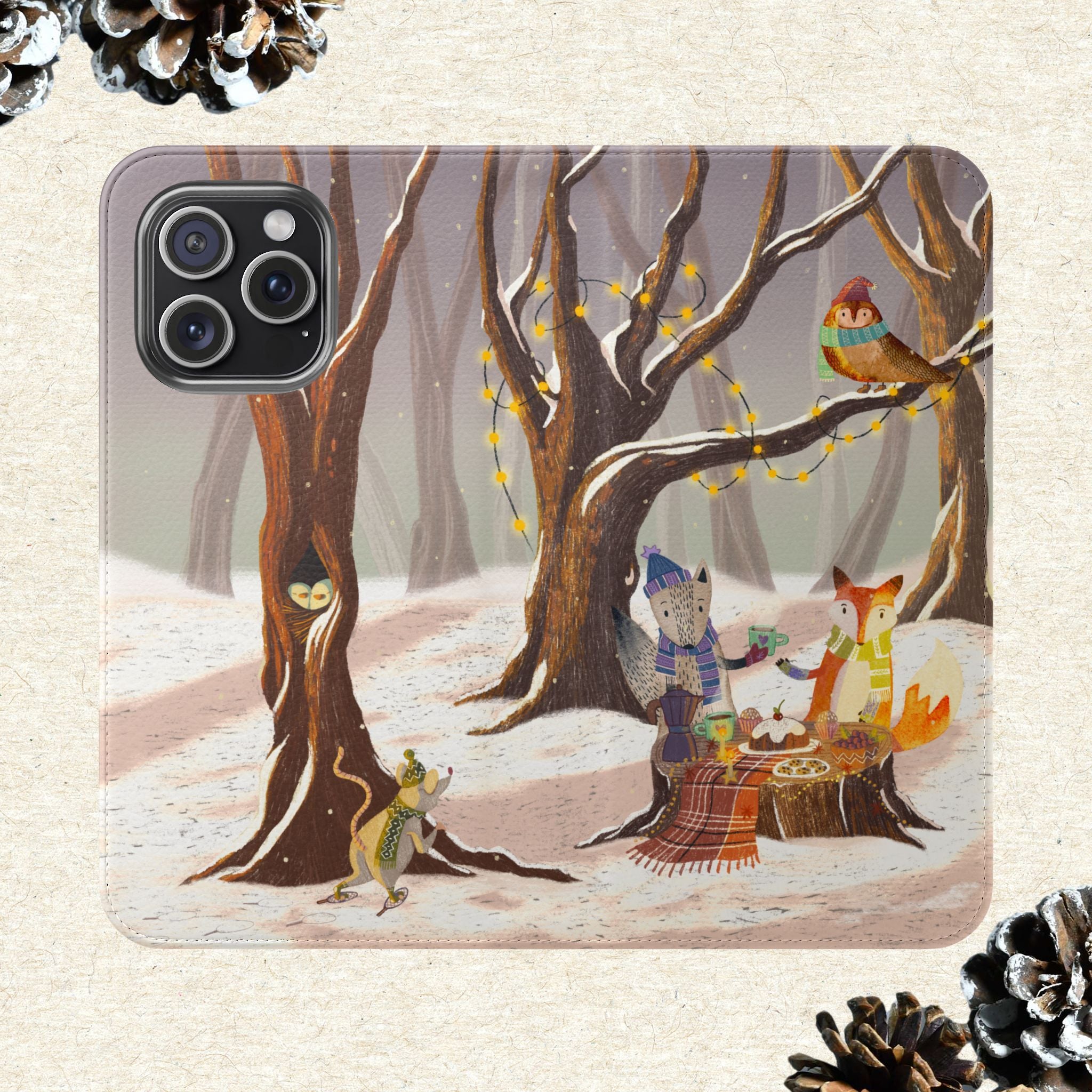 Winter Forest Tea Party Wallet Case, Woodland Animals Phone Flip Cover, Vegan Leather Case, iPhone 11 12 13 14 15 16, Galaxy Ultra S21 S22