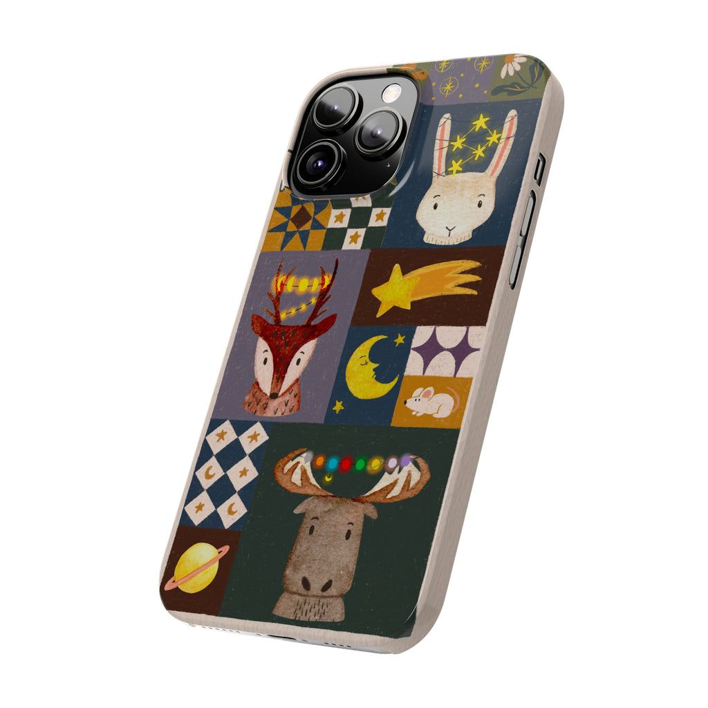 Holiday Night Sky Slim Case, Cute Forest Creatures iPhone Cover, Bunny Deer Moose, iPhone 7 8 X XR XS 11 12 13 14 15 16