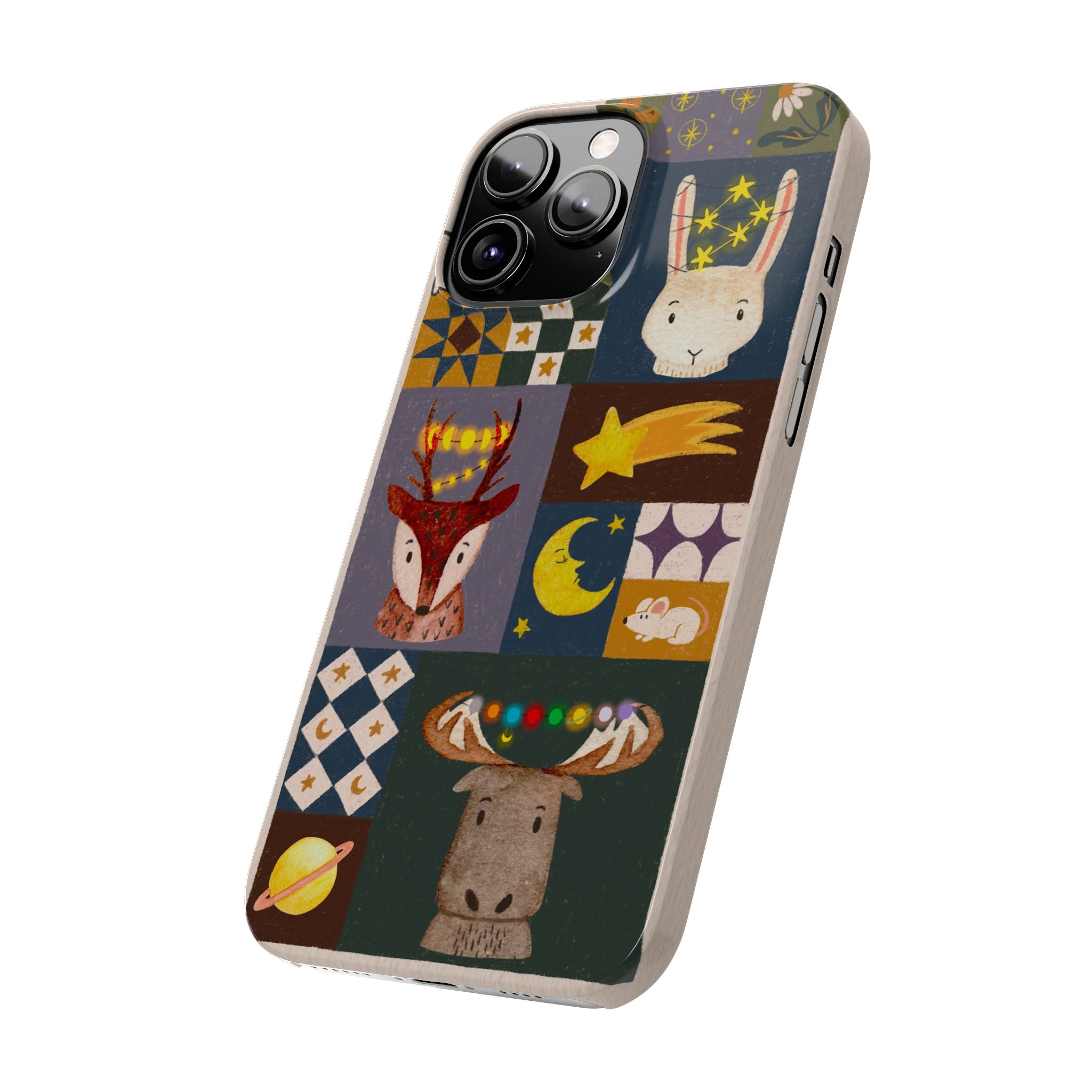 Holiday Night Sky Slim Case, Cute Forest Creatures iPhone Cover, Bunny Deer Moose, iPhone 7 8 X XR XS 11 12 13 14 15 16