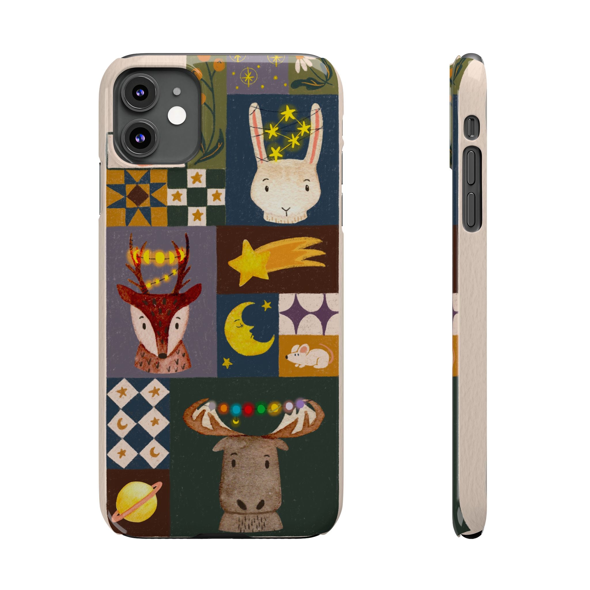 Holiday Night Sky Slim Case, Cute Forest Creatures iPhone Cover, Bunny Deer Moose, iPhone 7 8 X XR XS 11 12 13 14 15 16