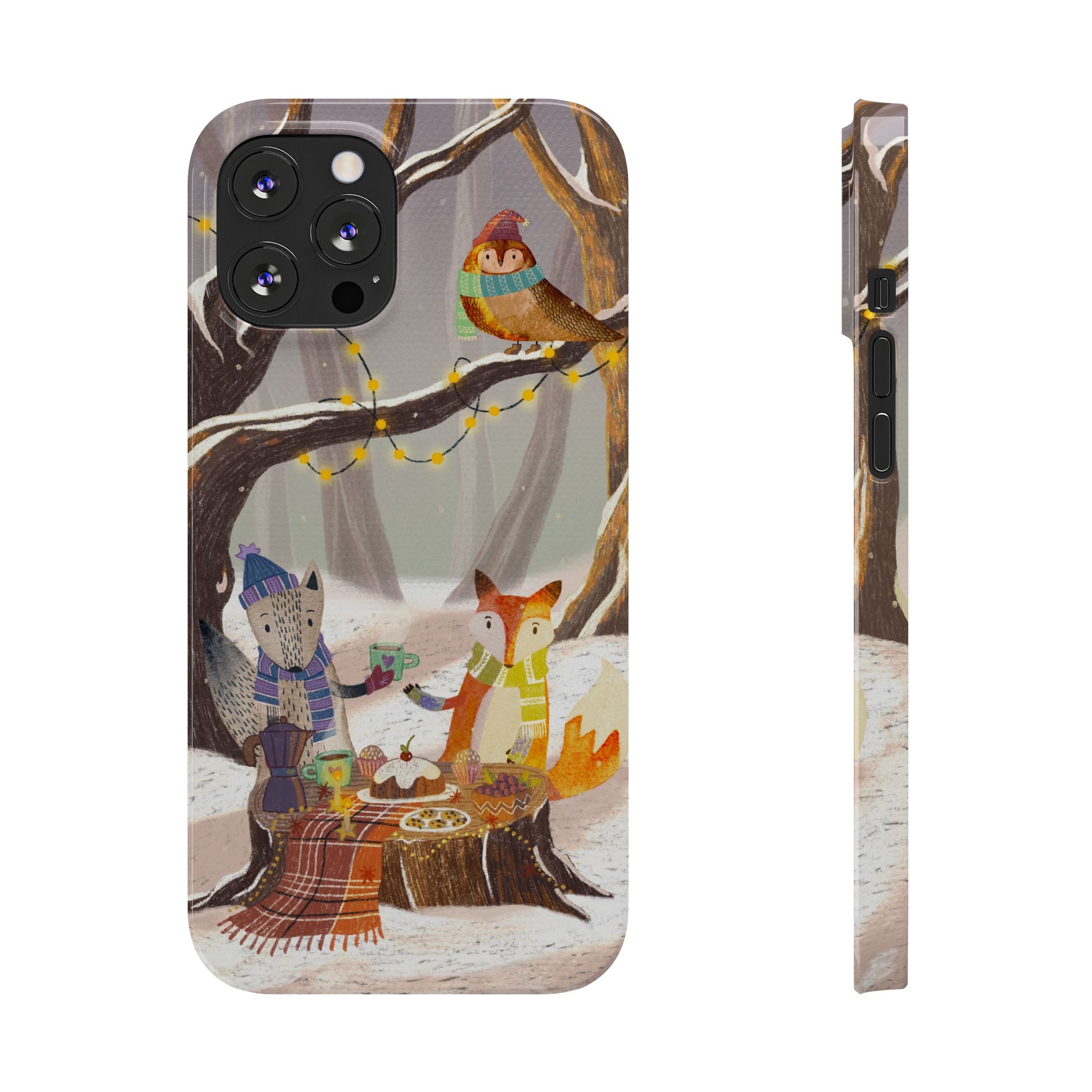 Cozy Winter Animals Slim iPhone Case, Cute Fox & Owl Design, Winter Theme Holiday Gift, Cute Phone Cover Gift, iPhone 16 15 14 13 12 11 X XR
