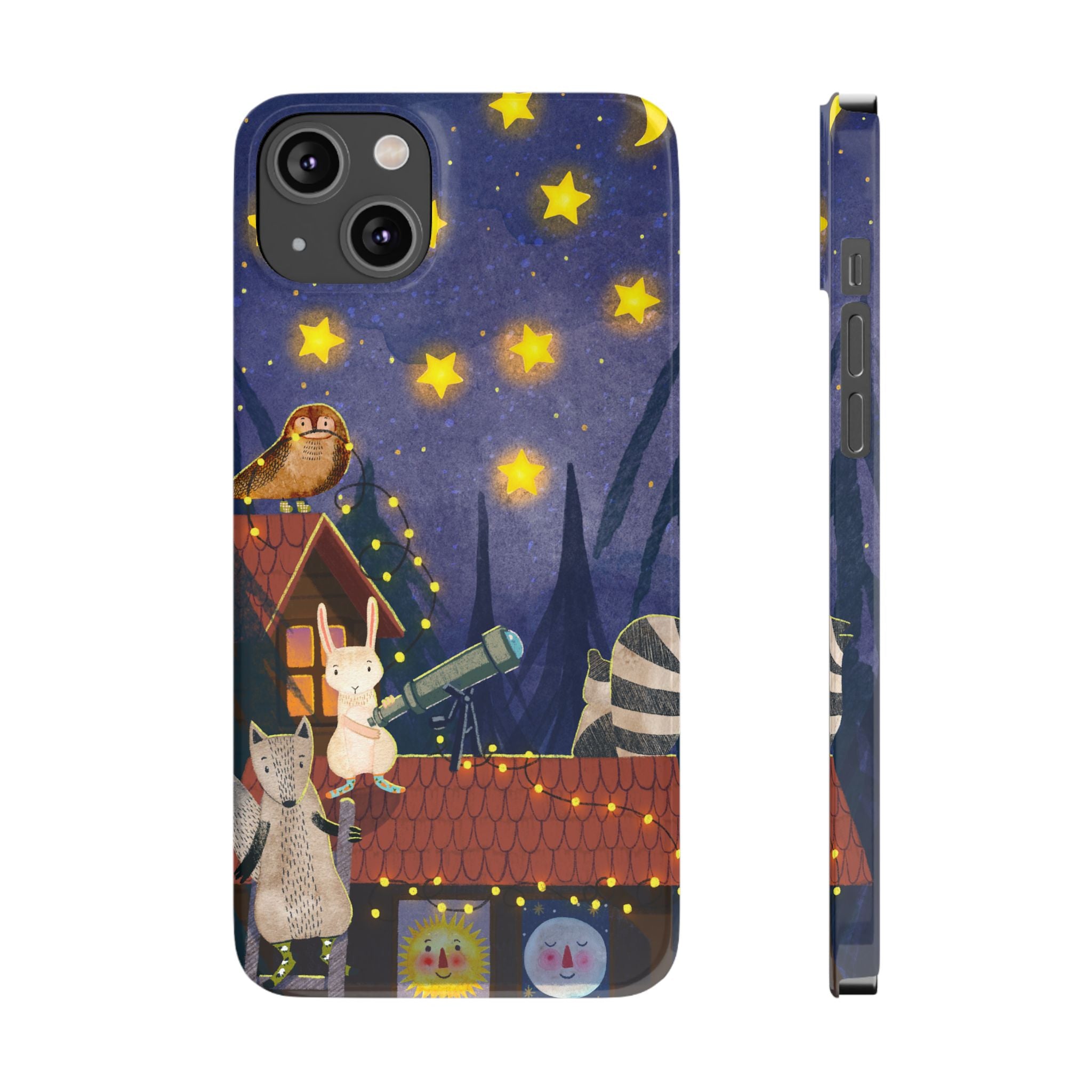 Stargazing Animals Slim iPhone Case, Night Sky Observatory Cover, Cute Forest Gift, Starry Night Gift, iPhone 16 15 14 13 12 11 X XR XS 8 7