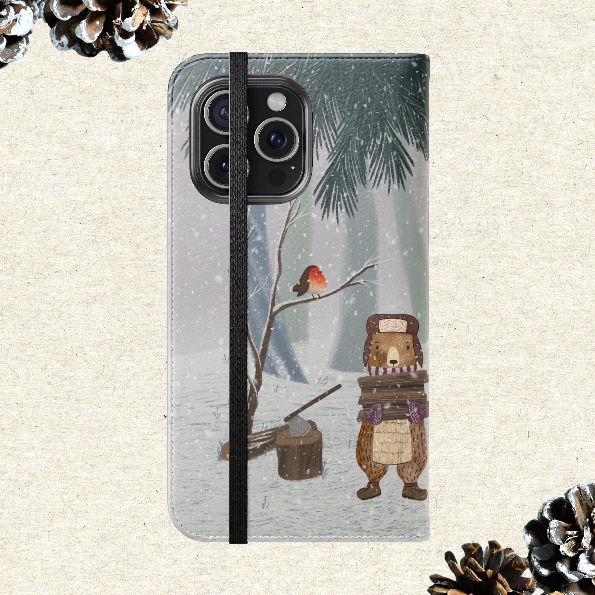Winter Forest Friends Wallet Case, Woodland Flip Cover, Vegan Leather, Snowy Scene, Cozy Holiday, iPhone 11 12 13 14 15 16, Galaxy S21 S22