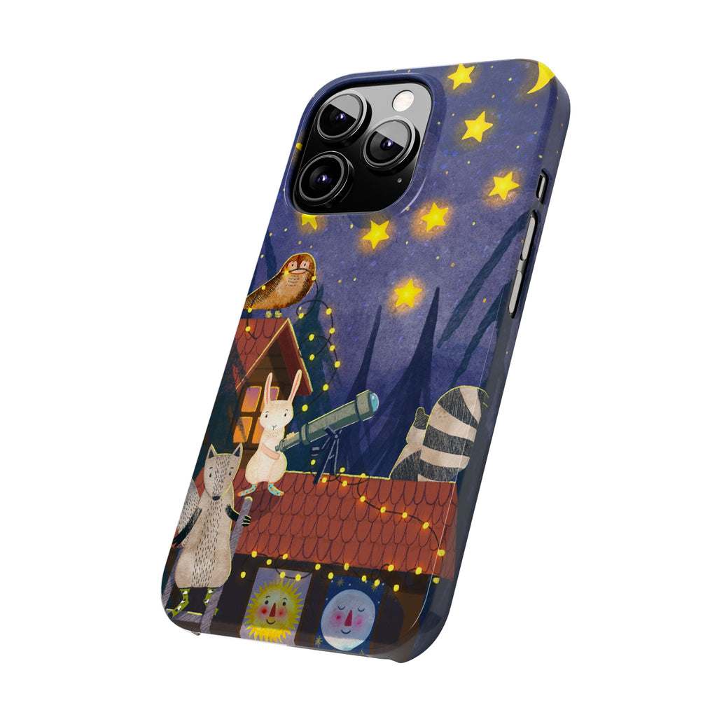 Stargazing Animals Slim iPhone Case, Night Sky Observatory Cover, Cute Forest Gift, Starry Night Gift, iPhone 16 15 14 13 12 11 X XR XS 8 7