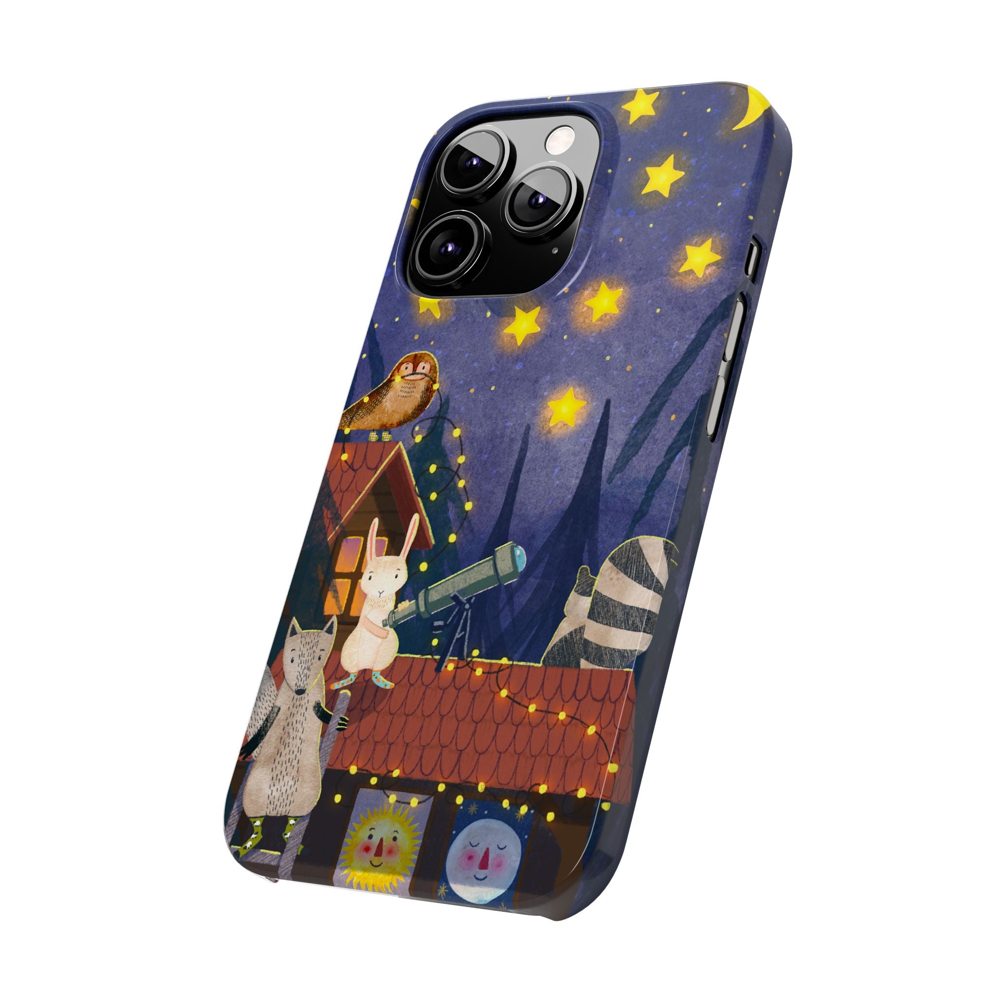 Stargazing Animals Slim iPhone Case, Night Sky Observatory Cover, Cute Forest Gift, Starry Night Gift, iPhone 16 15 14 13 12 11 X XR XS 8 7