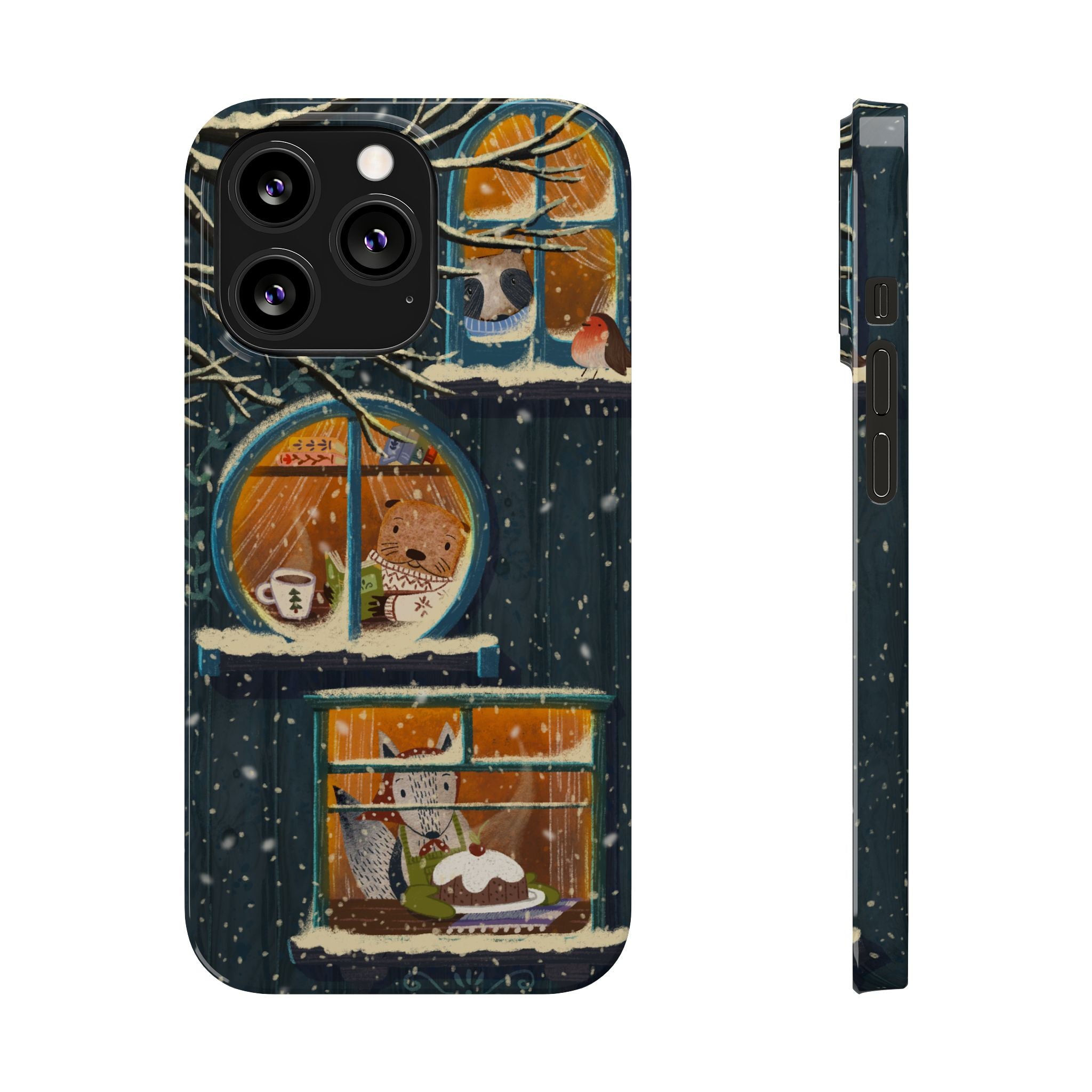 Cute Winter Animals Cozy Home iPhone Case, Woodland Cottage Cover, Treehouse at Night, Raccoon Bear Fox, iPhone 16 15 14 13 12 11 X XR 8 7