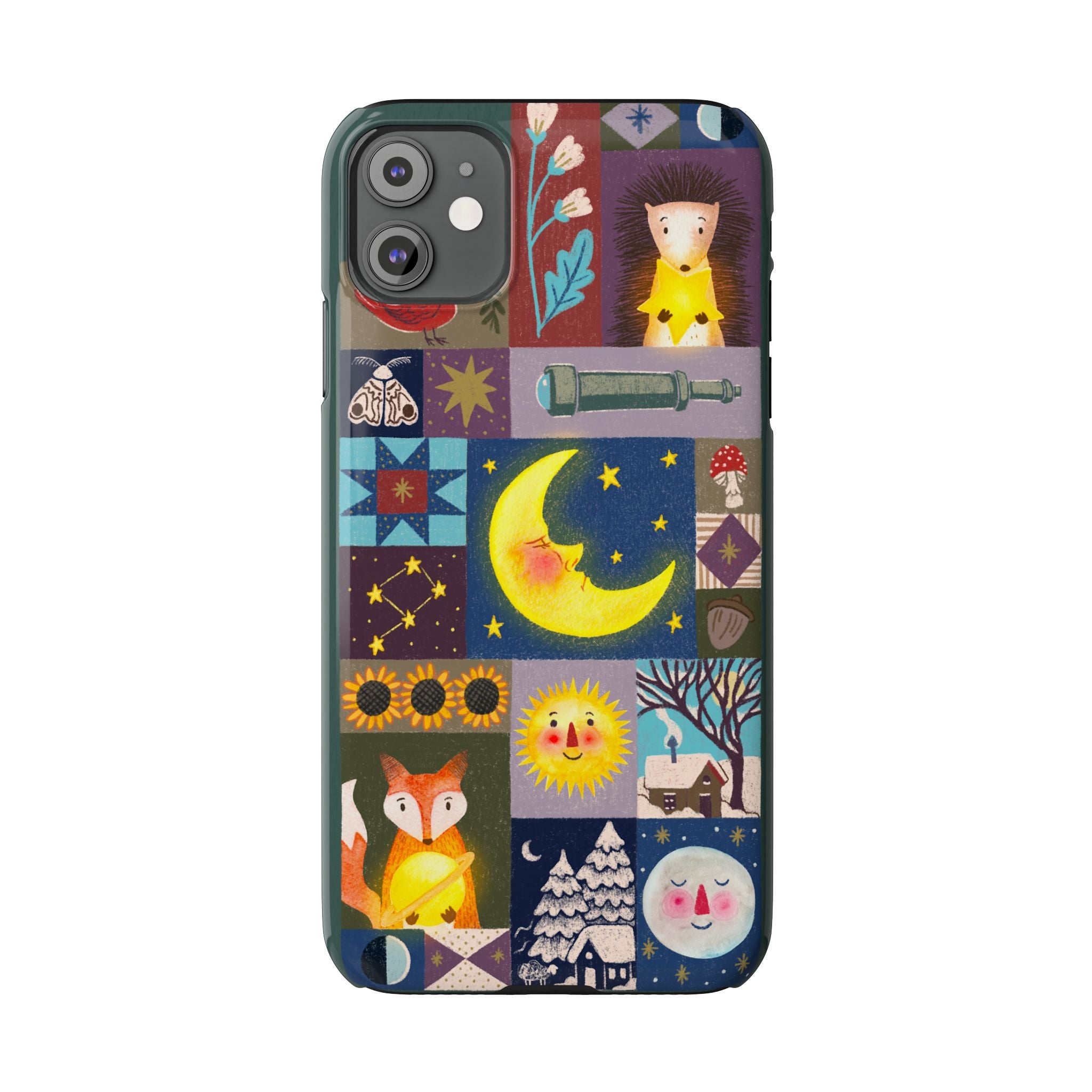 Celestial Quilt iPhone Case, Folk Art Moon Sun Fox Case, Nature Patchwork Cover, Cute Stellar Design, iPhone 7 8 X XR XS 11 12 13 14 15 16