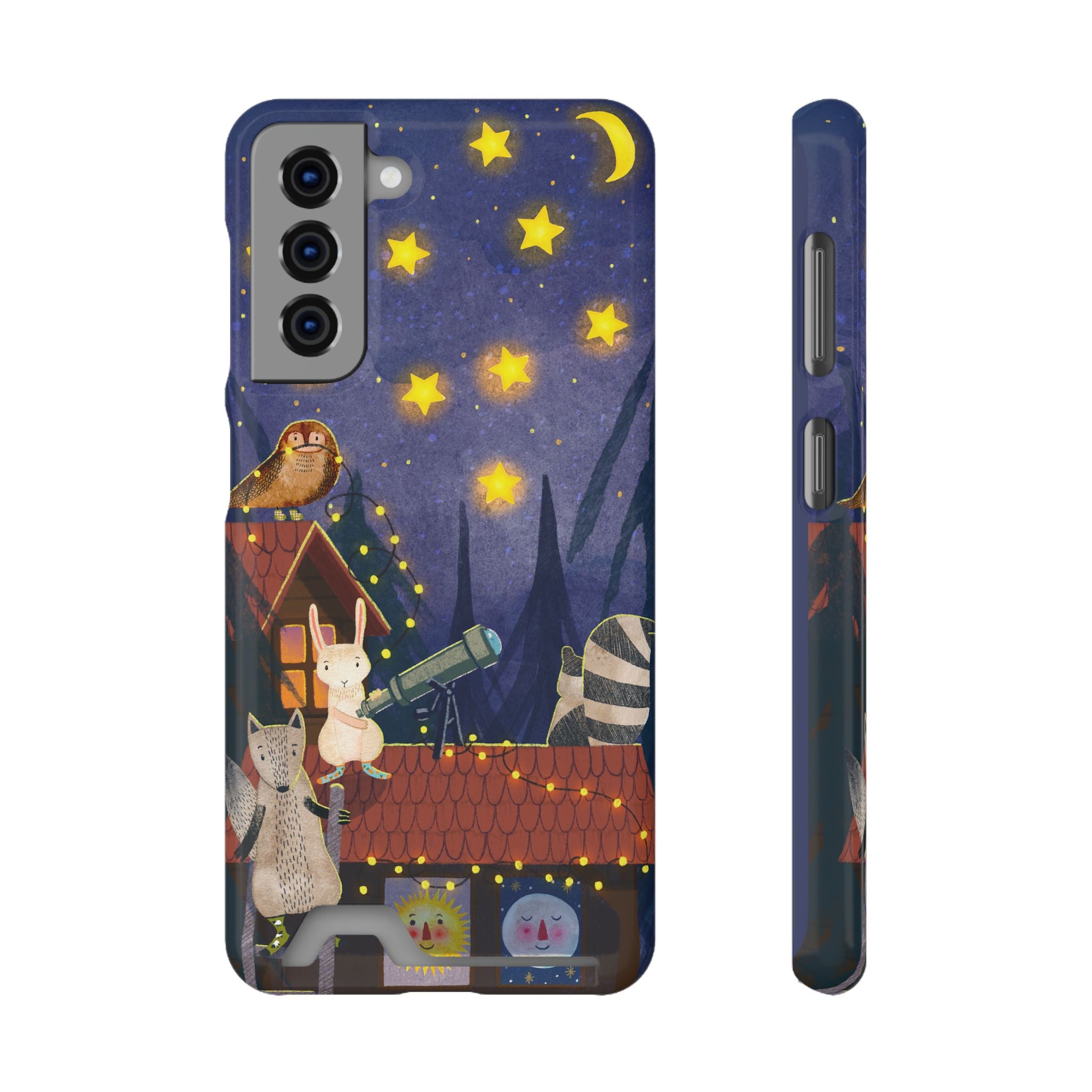 Stargazing Animals Phone Case With Card Holder - Cute Animal Design for Kids, Gift for Urban Explorers, Night Sky Vibes, Fun Accessory
