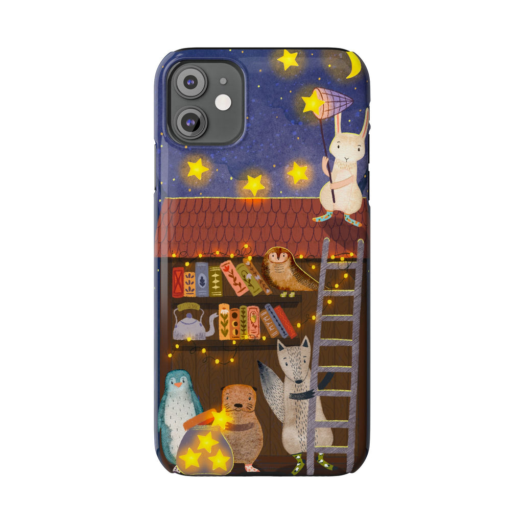 Starlit Library Phone Case, Woodland Animals iPhone Case, Cozy Night Scene Cover, Cute Animals Case Gift, iPhone 7 8 X XR 11 12 13 14 15 16