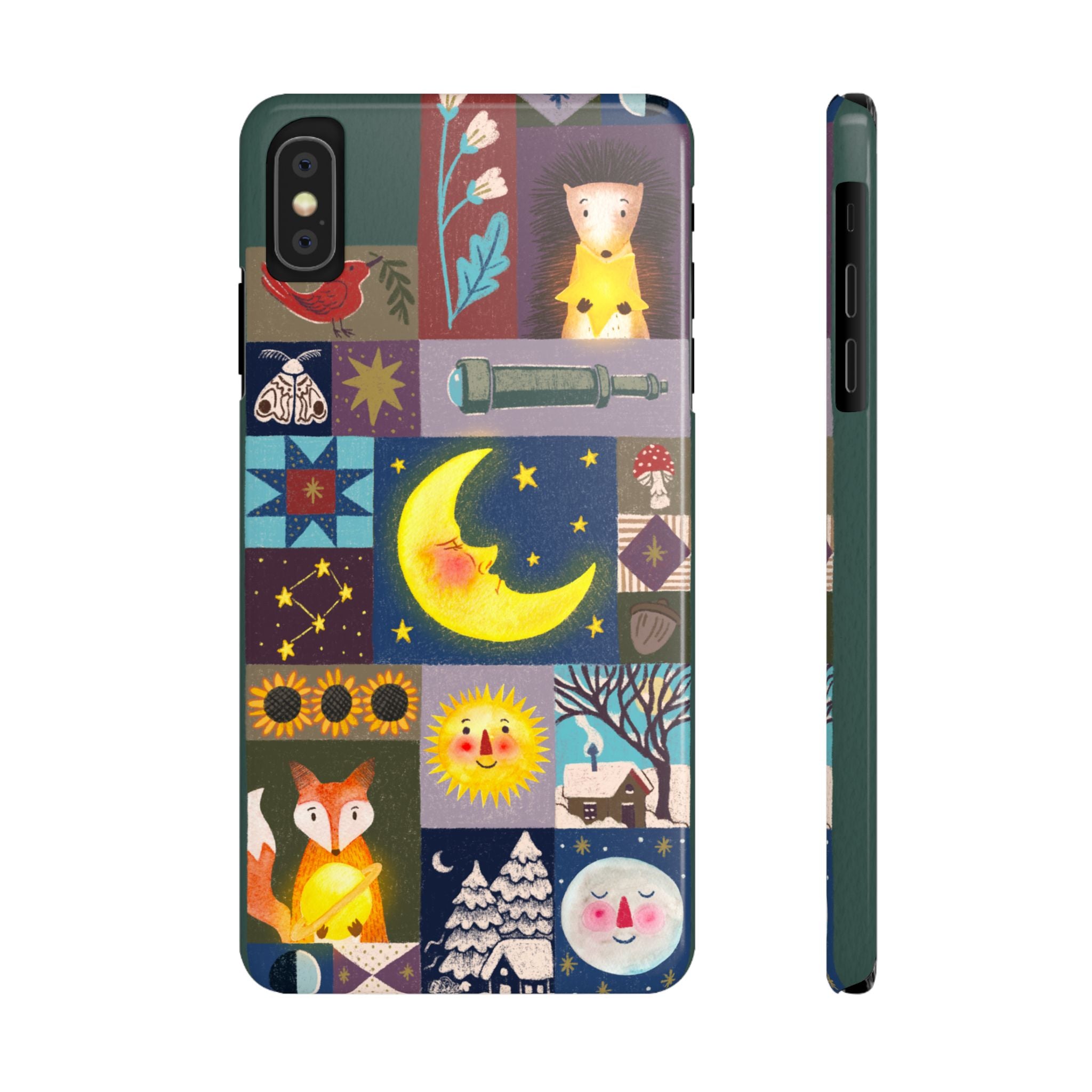Celestial Quilt iPhone Case, Folk Art Moon Sun Fox Case, Nature Patchwork Cover, Cute Stellar Design, iPhone 7 8 X XR XS 11 12 13 14 15 16