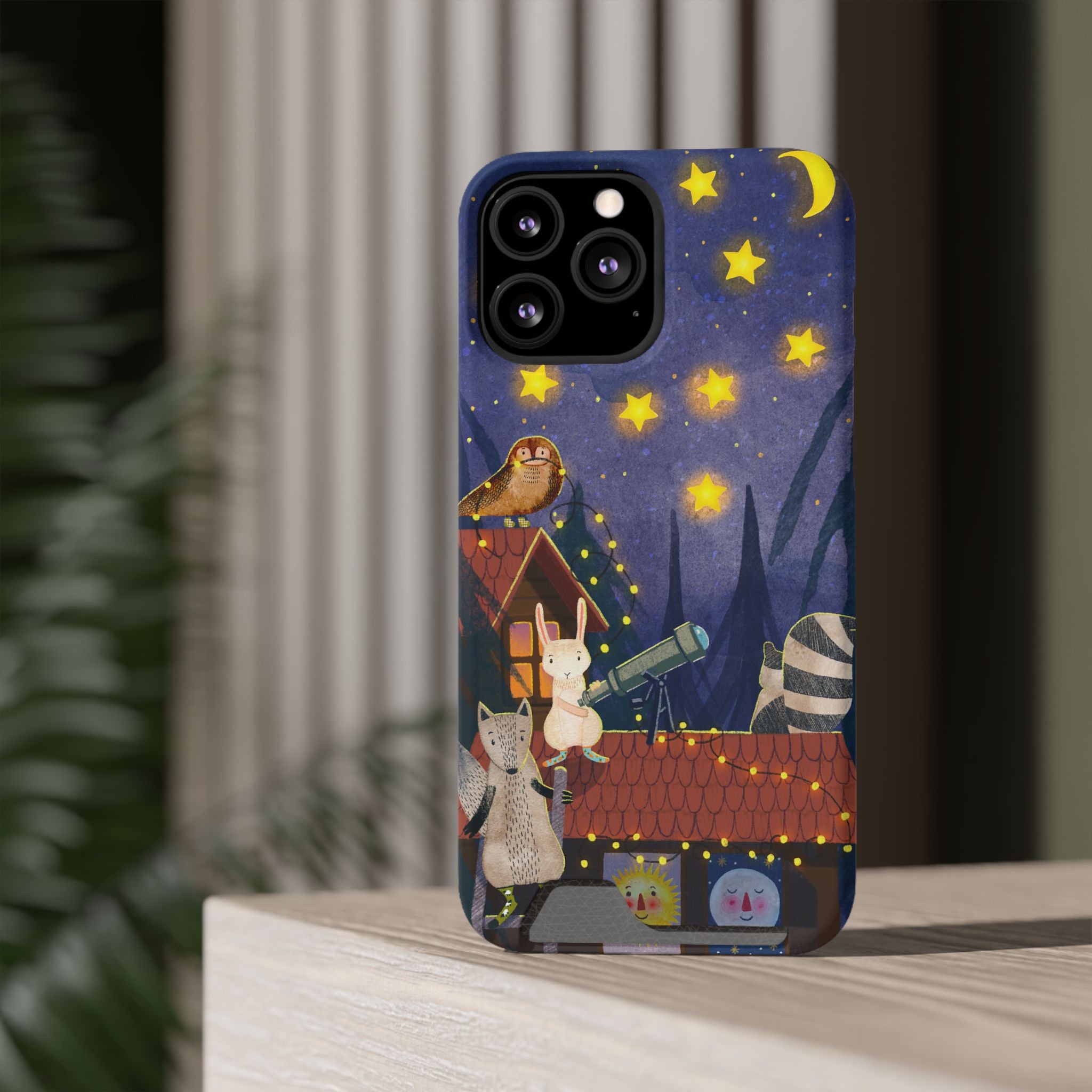 Stargazing Animals Phone Case With Card Holder - Cute Animal Design for Kids, Gift for Urban Explorers, Night Sky Vibes, Fun Accessory