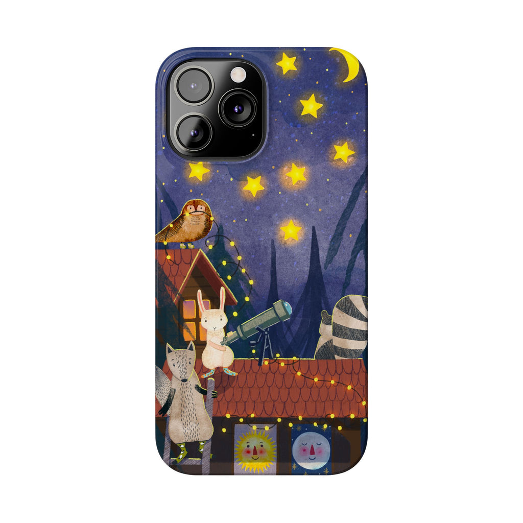 Stargazing Animals Slim iPhone Case, Night Sky Observatory Cover, Cute Forest Gift, Starry Night Gift, iPhone 16 15 14 13 12 11 X XR XS 8 7