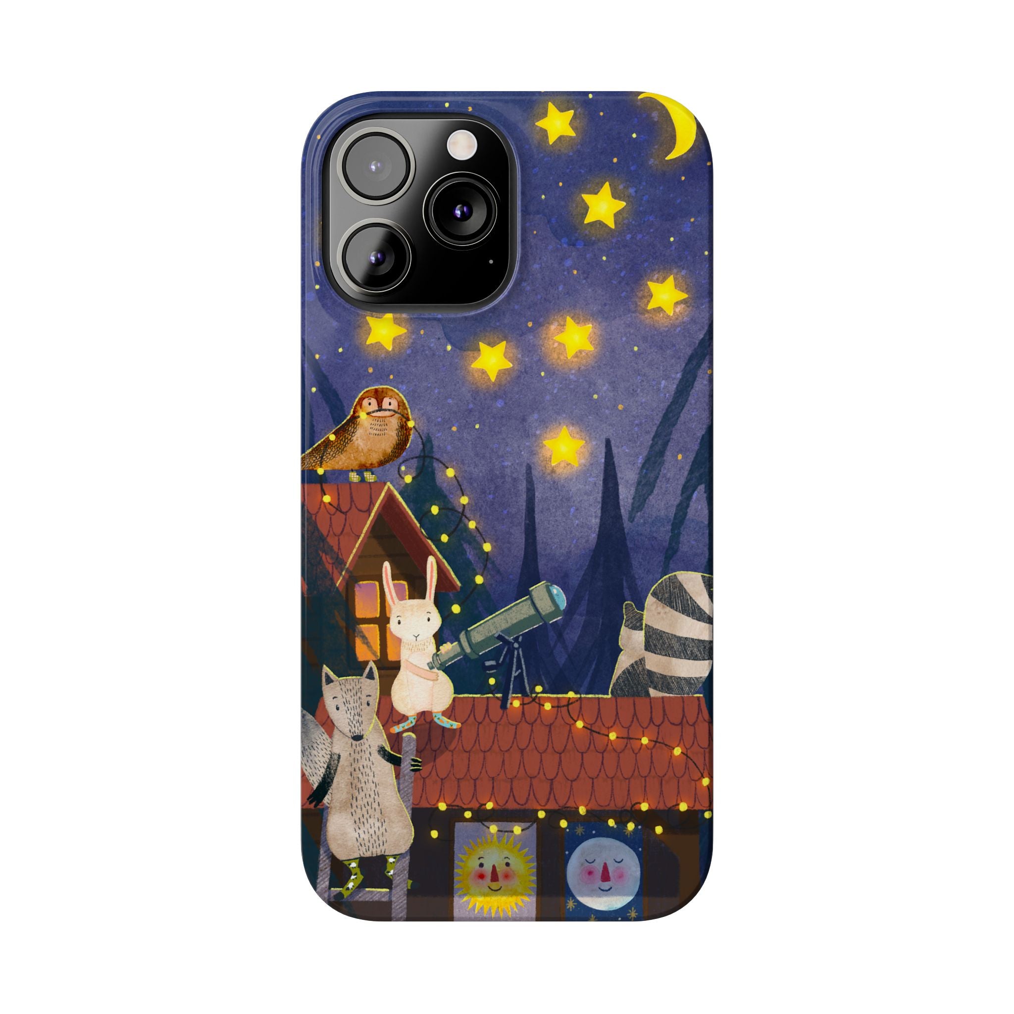 Stargazing Animals Slim iPhone Case, Night Sky Observatory Cover, Cute Forest Gift, Starry Night Gift, iPhone 16 15 14 13 12 11 X XR XS 8 7