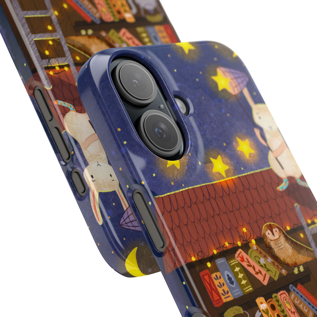 Starlit Library Phone Case, Woodland Animals iPhone Case, Cozy Night Scene Cover, Cute Animals Case Gift, iPhone 7 8 X XR 11 12 13 14 15 16