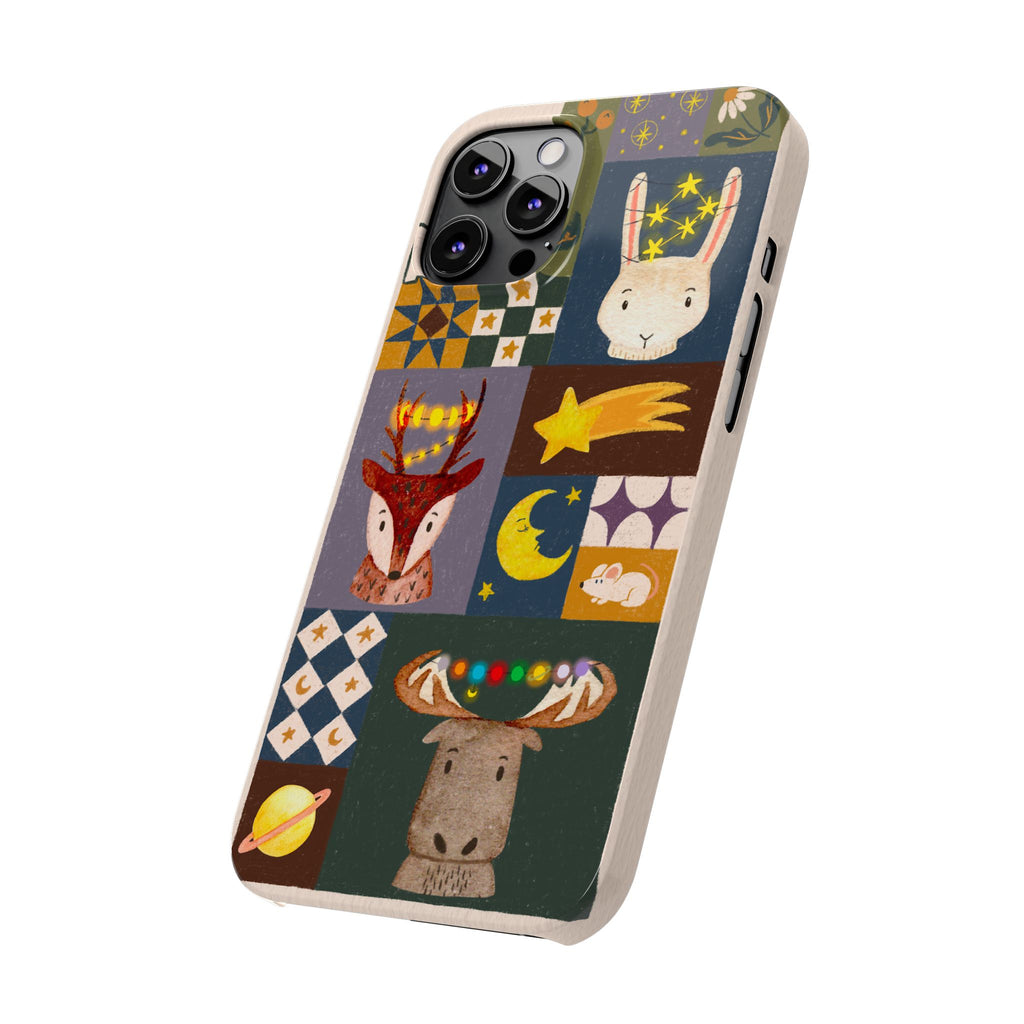 Holiday Night Sky Slim Case, Cute Forest Creatures iPhone Cover, Bunny Deer Moose, iPhone 7 8 X XR XS 11 12 13 14 15 16
