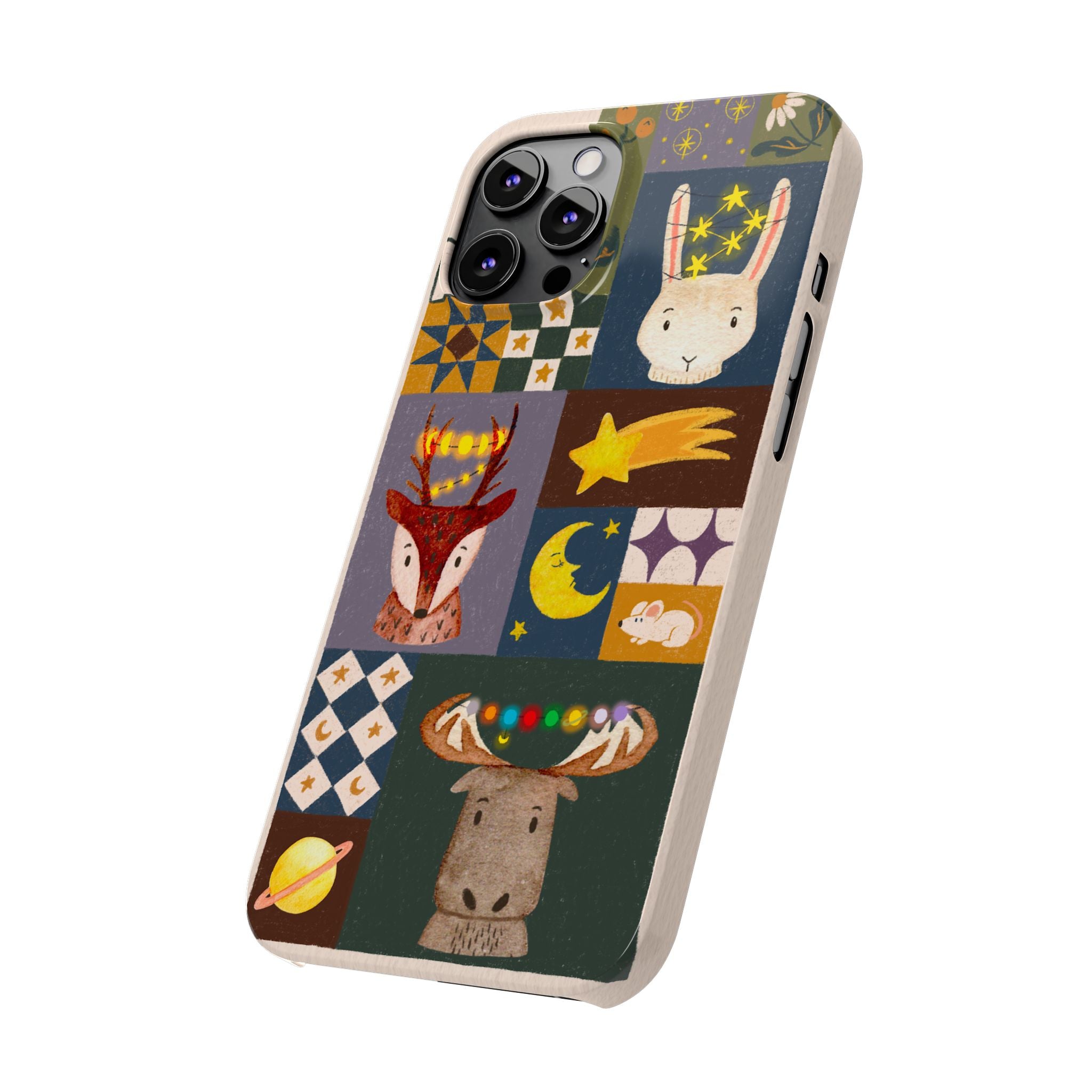Holiday Night Sky Slim Case, Cute Forest Creatures iPhone Cover, Bunny Deer Moose, iPhone 7 8 X XR XS 11 12 13 14 15 16