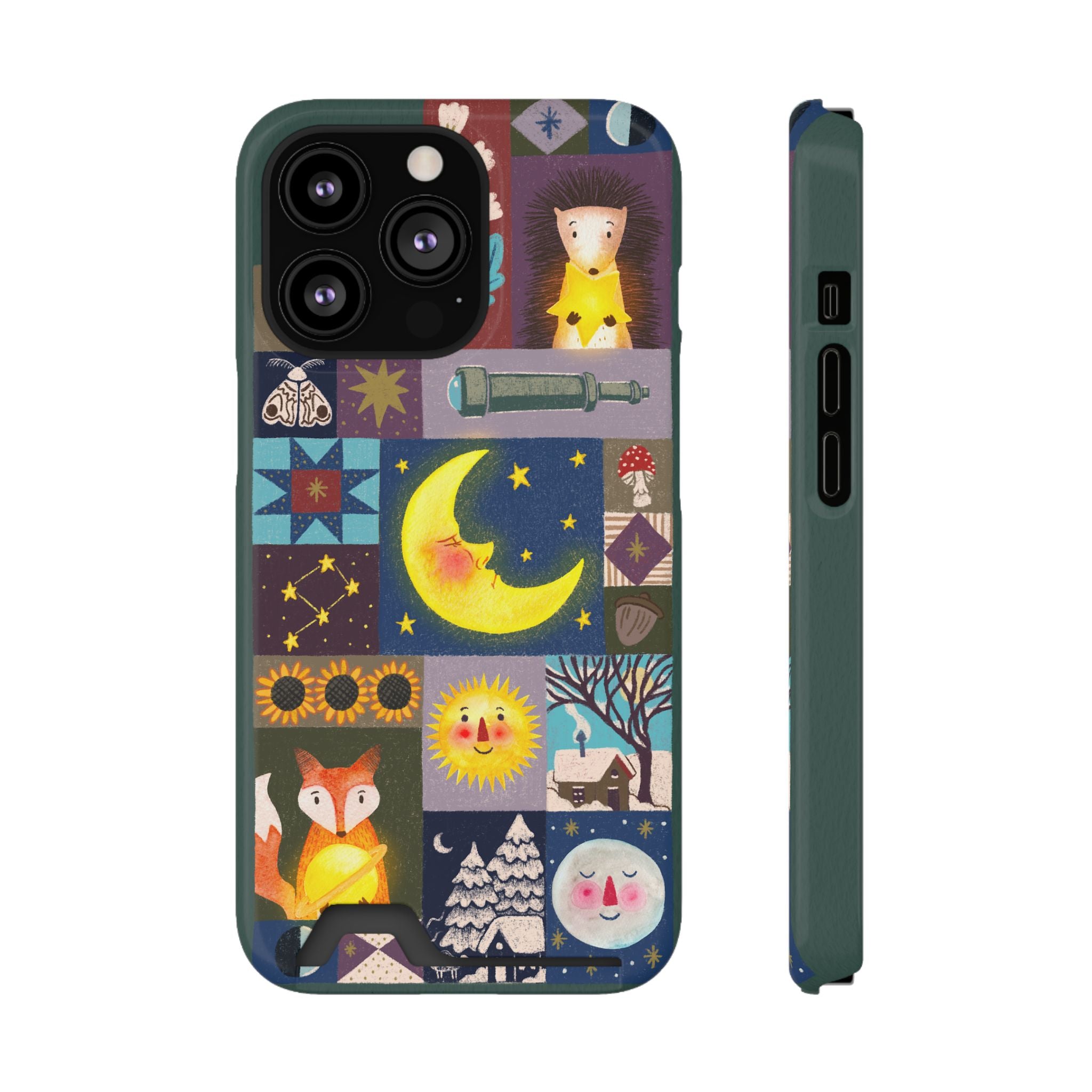 Magical Celestial Patchwork Phone Card Case - Cute Forest Animals Design, Perfect Gift for Nature Lovers, Kids & Adults, Ideal for Birthdays