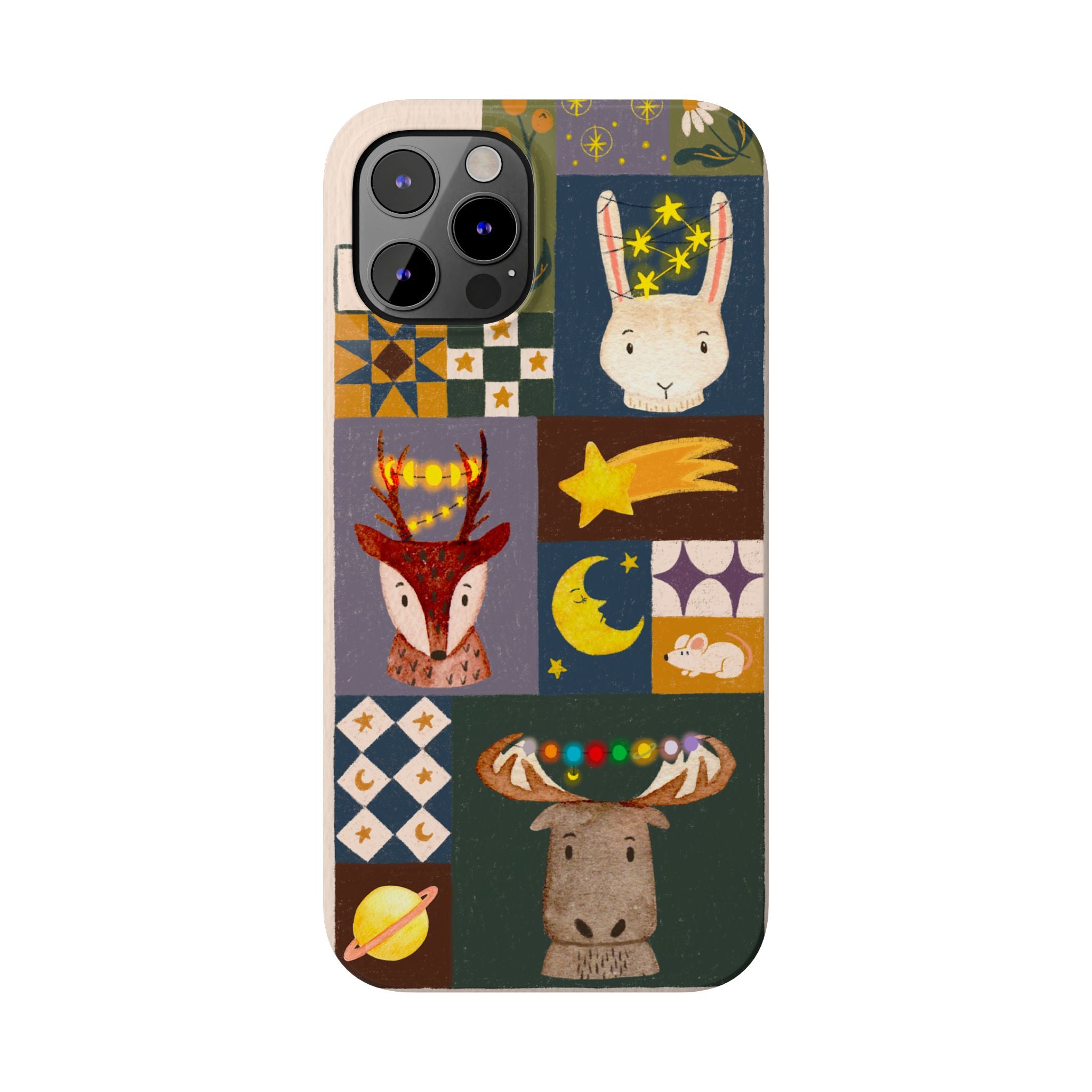 Holiday Night Sky Slim Case, Cute Forest Creatures iPhone Cover, Bunny Deer Moose, iPhone 7 8 X XR XS 11 12 13 14 15 16