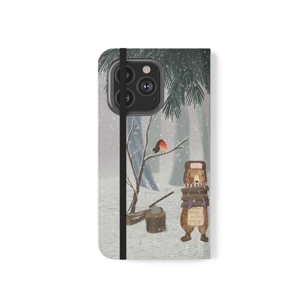 Winter Forest Friends Wallet Case, Woodland Flip Cover, Vegan Leather, Snowy Scene, Cozy Holiday, iPhone 11 12 13 14 15 16, Galaxy S21 S22