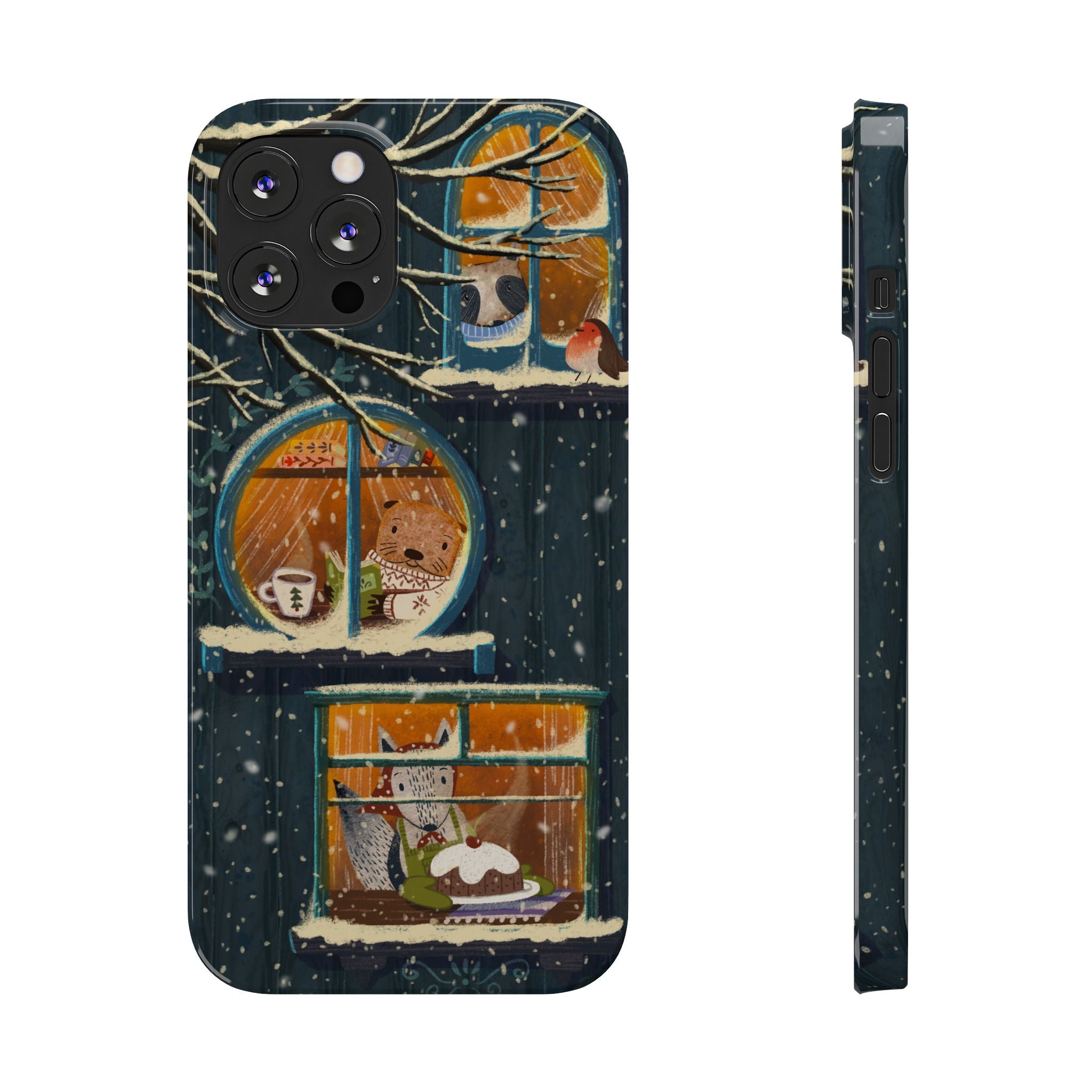 Cute Winter Animals Cozy Home iPhone Case, Woodland Cottage Cover, Treehouse at Night, Raccoon Bear Fox, iPhone 16 15 14 13 12 11 X XR 8 7