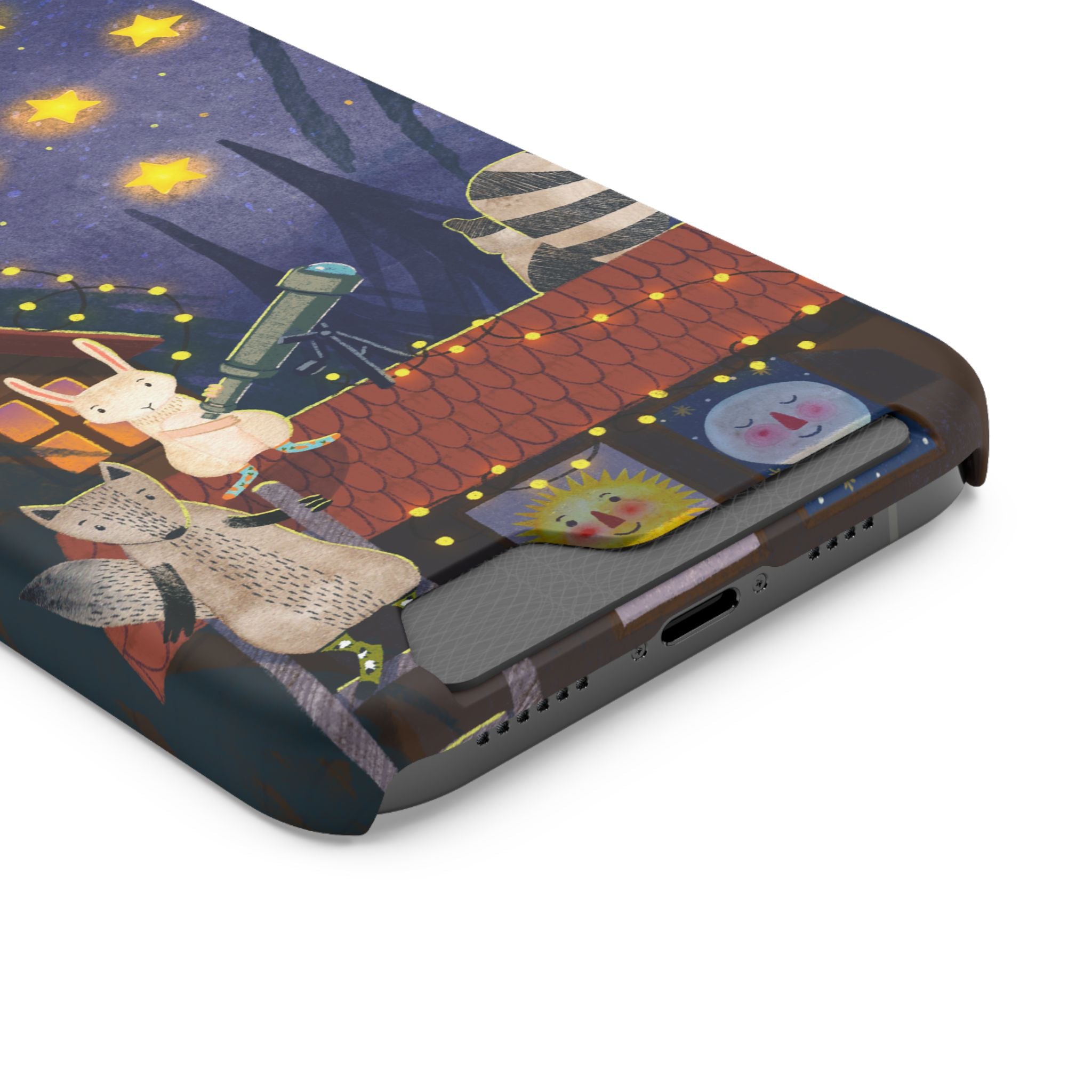 Stargazing Animals Phone Case With Card Holder - Cute Animal Design for Kids, Gift for Urban Explorers, Night Sky Vibes, Fun Accessory