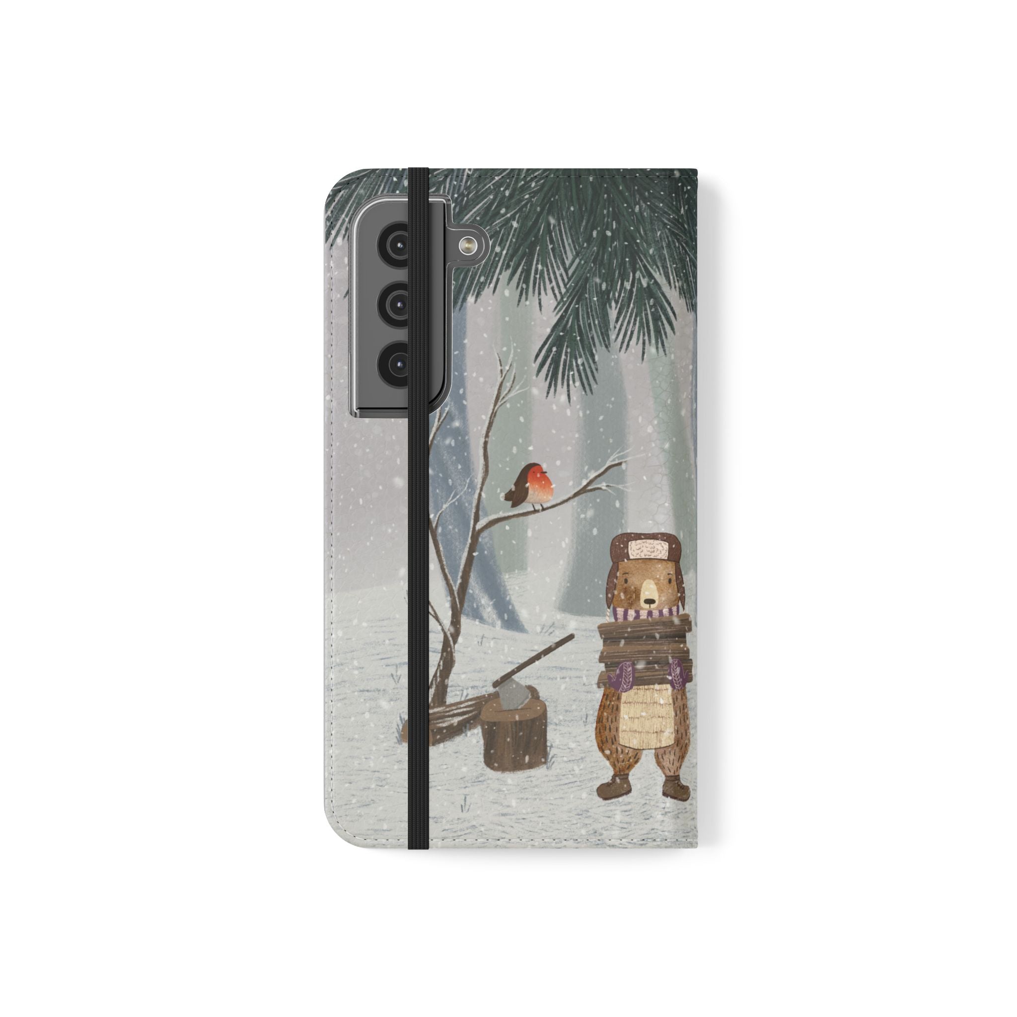 Winter Forest Friends Wallet Case, Woodland Flip Cover, Vegan Leather, Snowy Scene, Cozy Holiday, iPhone 11 12 13 14 15 16, Galaxy S21 S22