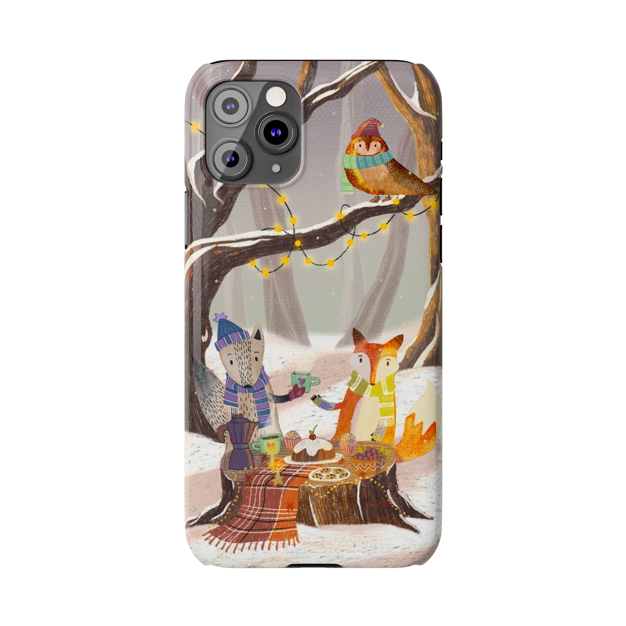 Cozy Winter Animals Slim iPhone Case, Cute Fox & Owl Design, Winter Theme Holiday Gift, Cute Phone Cover Gift, iPhone 16 15 14 13 12 11 X XR