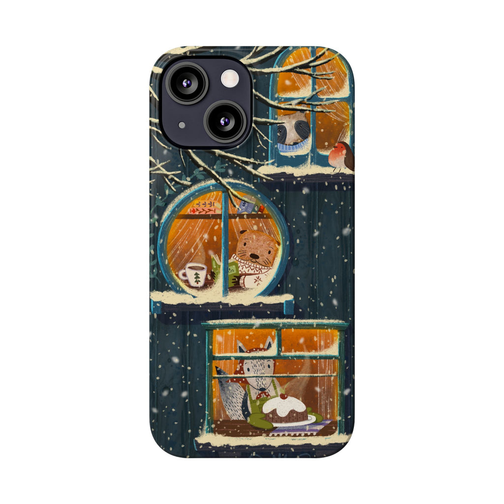 Cute Winter Animals Cozy Home iPhone Case, Woodland Cottage Cover, Treehouse at Night, Raccoon Bear Fox, iPhone 16 15 14 13 12 11 X XR 8 7