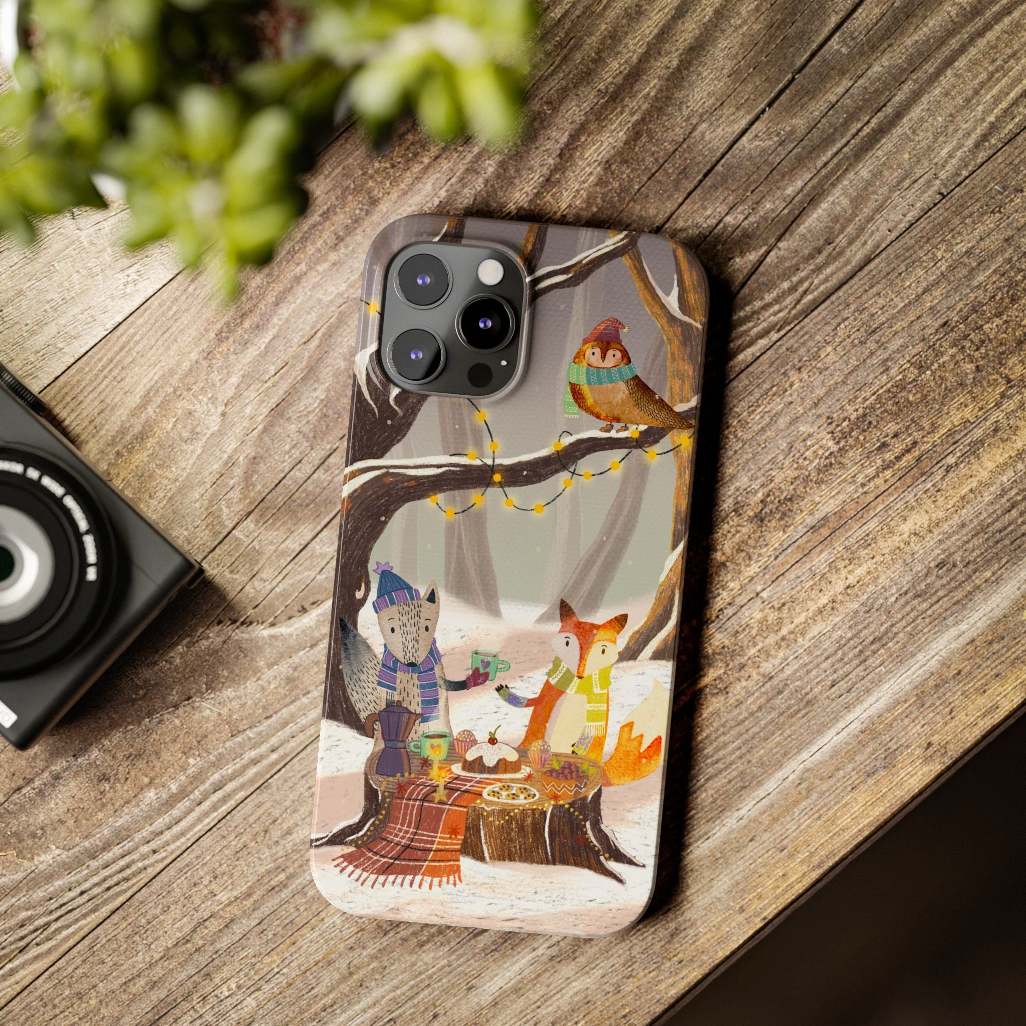 Cozy Winter Animals Slim iPhone Case, Cute Fox & Owl Design, Winter Theme Holiday Gift, Cute Phone Cover Gift, iPhone 16 15 14 13 12 11 X XR