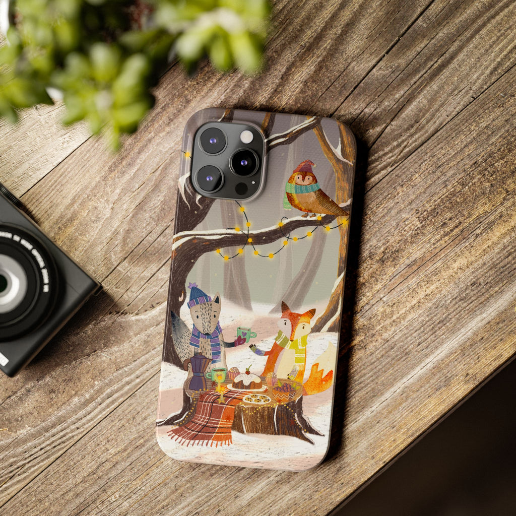 Cozy Winter Animals Slim iPhone Case, Cute Fox & Owl Design, Winter Theme Holiday Gift, Cute Phone Cover Gift, iPhone 16 15 14 13 12 11 X XR