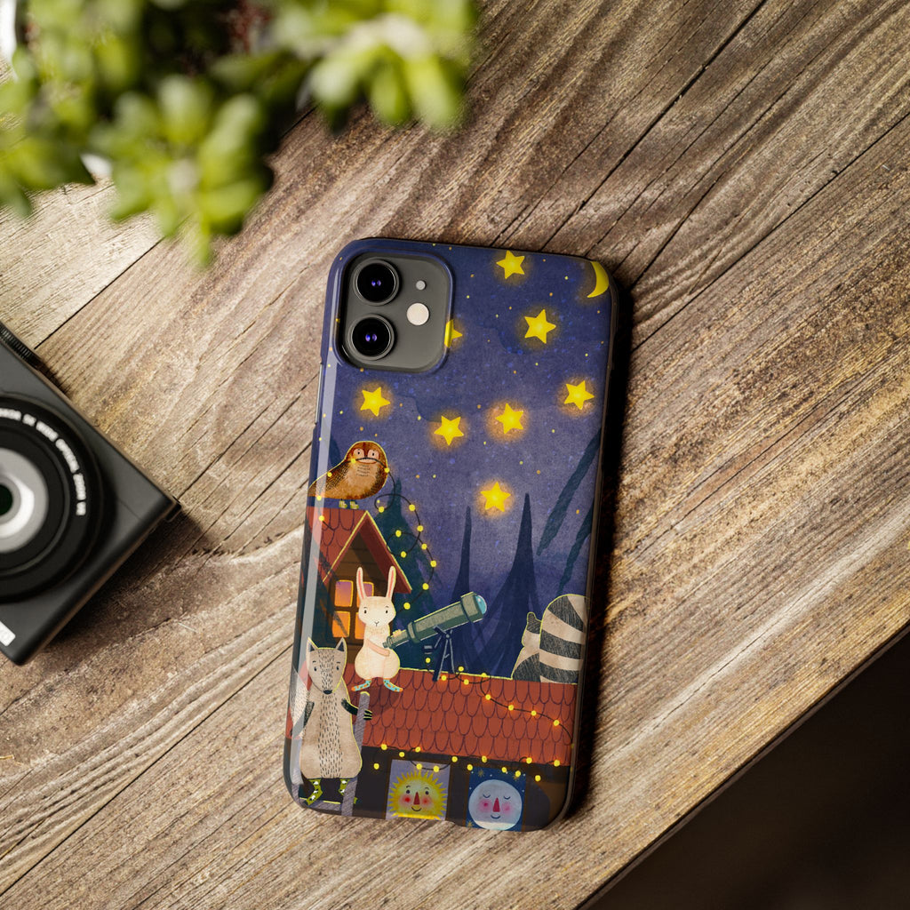 Stargazing Animals Slim iPhone Case, Night Sky Observatory Cover, Cute Forest Gift, Starry Night Gift, iPhone 16 15 14 13 12 11 X XR XS 8 7