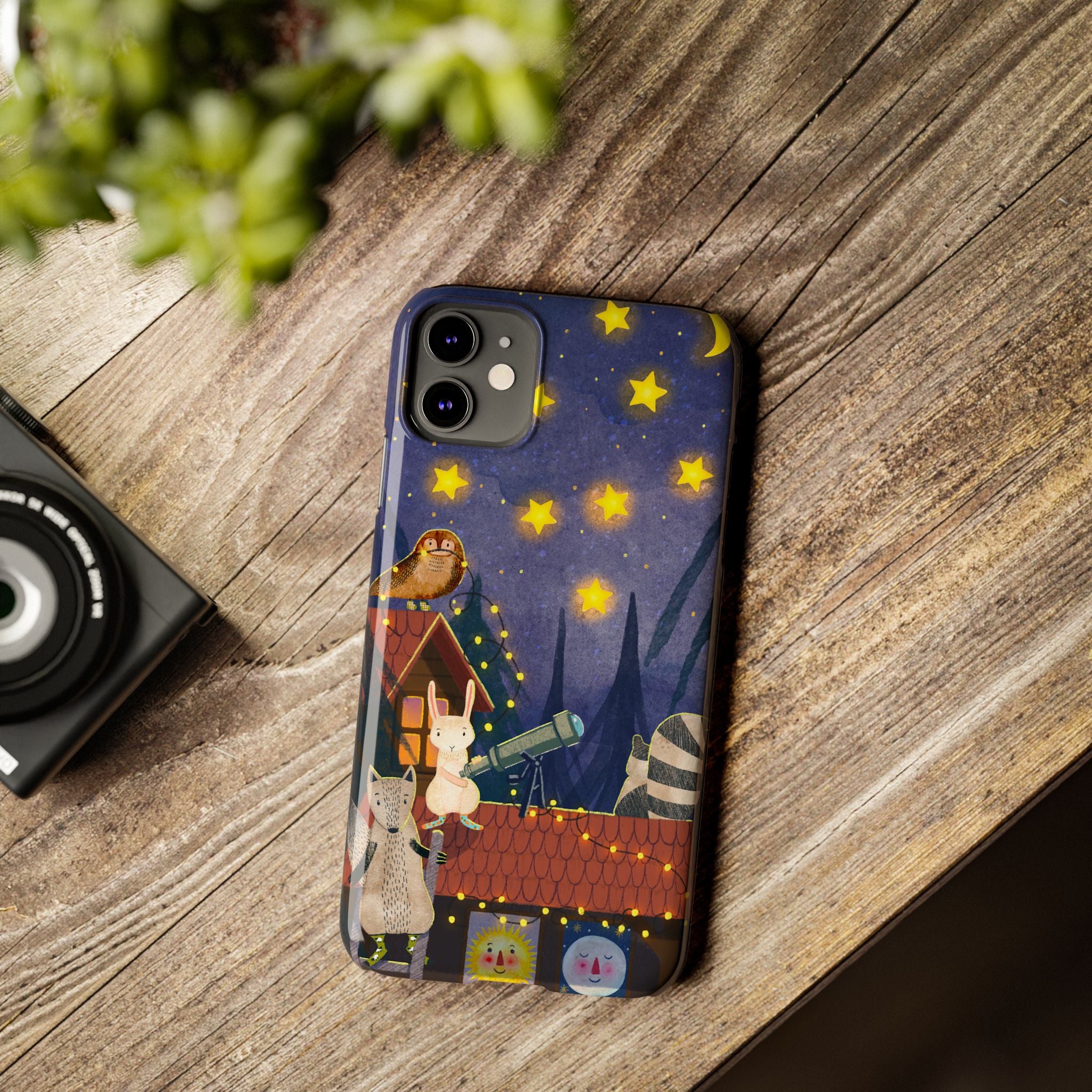 Stargazing Animals Slim iPhone Case, Night Sky Observatory Cover, Cute Forest Gift, Starry Night Gift, iPhone 16 15 14 13 12 11 X XR XS 8 7
