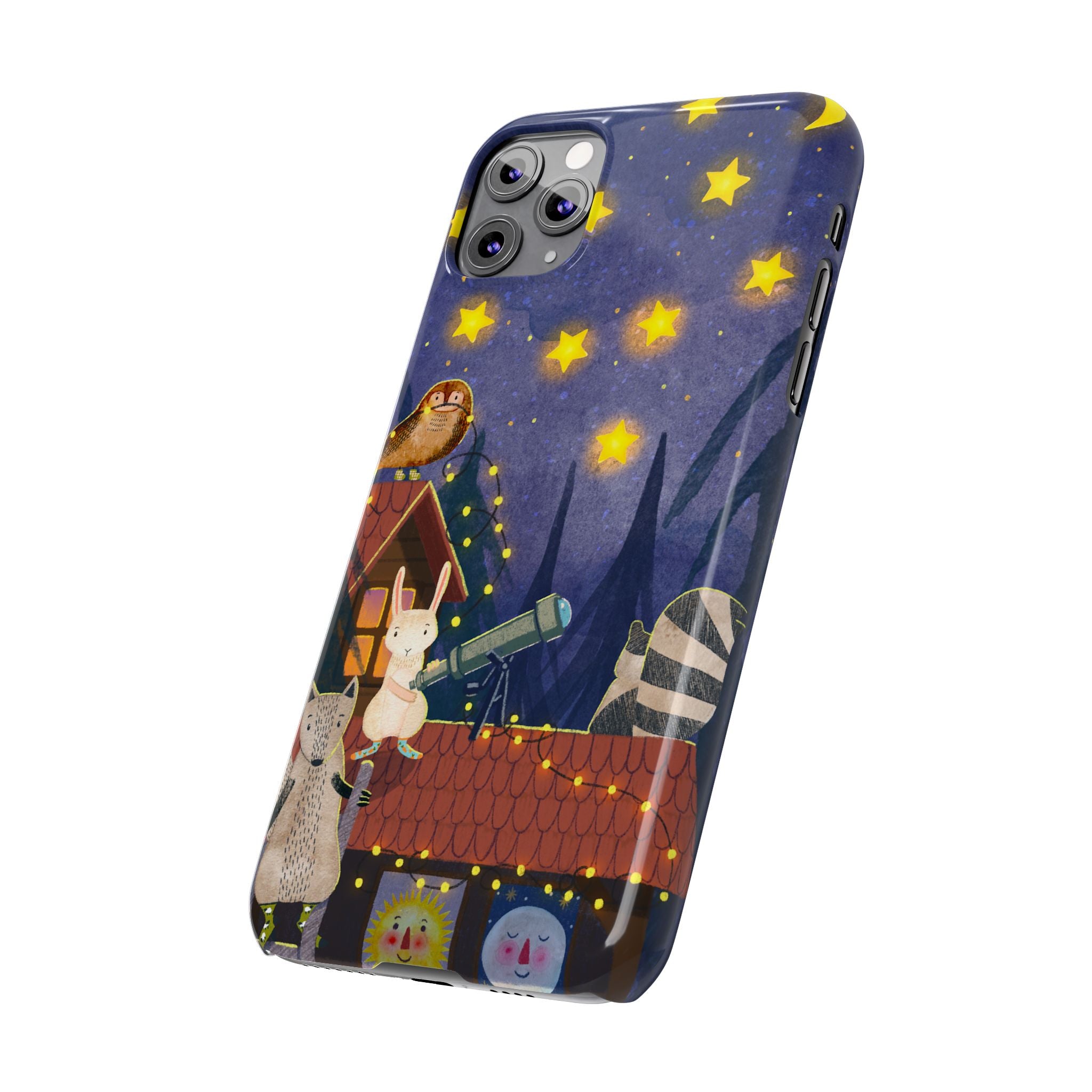 Stargazing Animals Slim iPhone Case, Night Sky Observatory Cover, Cute Forest Gift, Starry Night Gift, iPhone 16 15 14 13 12 11 X XR XS 8 7