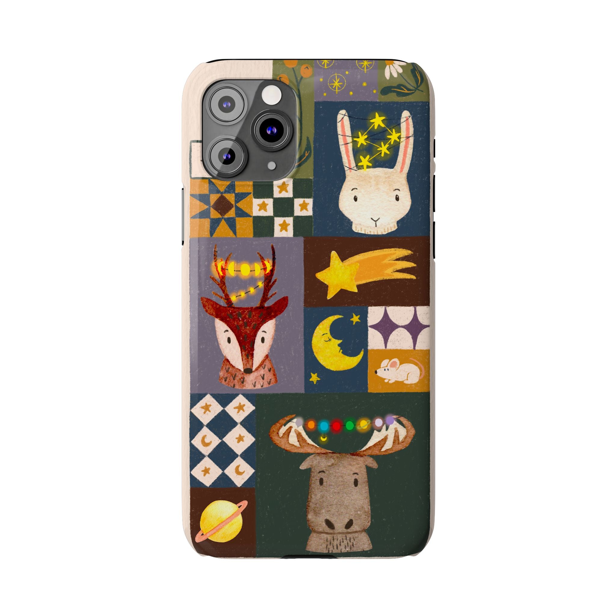 Holiday Night Sky Slim Case, Cute Forest Creatures iPhone Cover, Bunny Deer Moose, iPhone 7 8 X XR XS 11 12 13 14 15 16