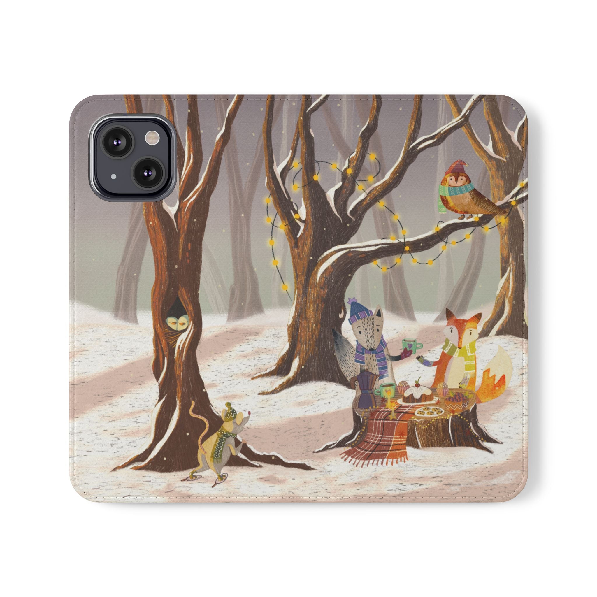 Winter Forest Tea Party Wallet Case, Woodland Animals Phone Flip Cover, Vegan Leather Case, iPhone 11 12 13 14 15 16, Galaxy Ultra S21 S22