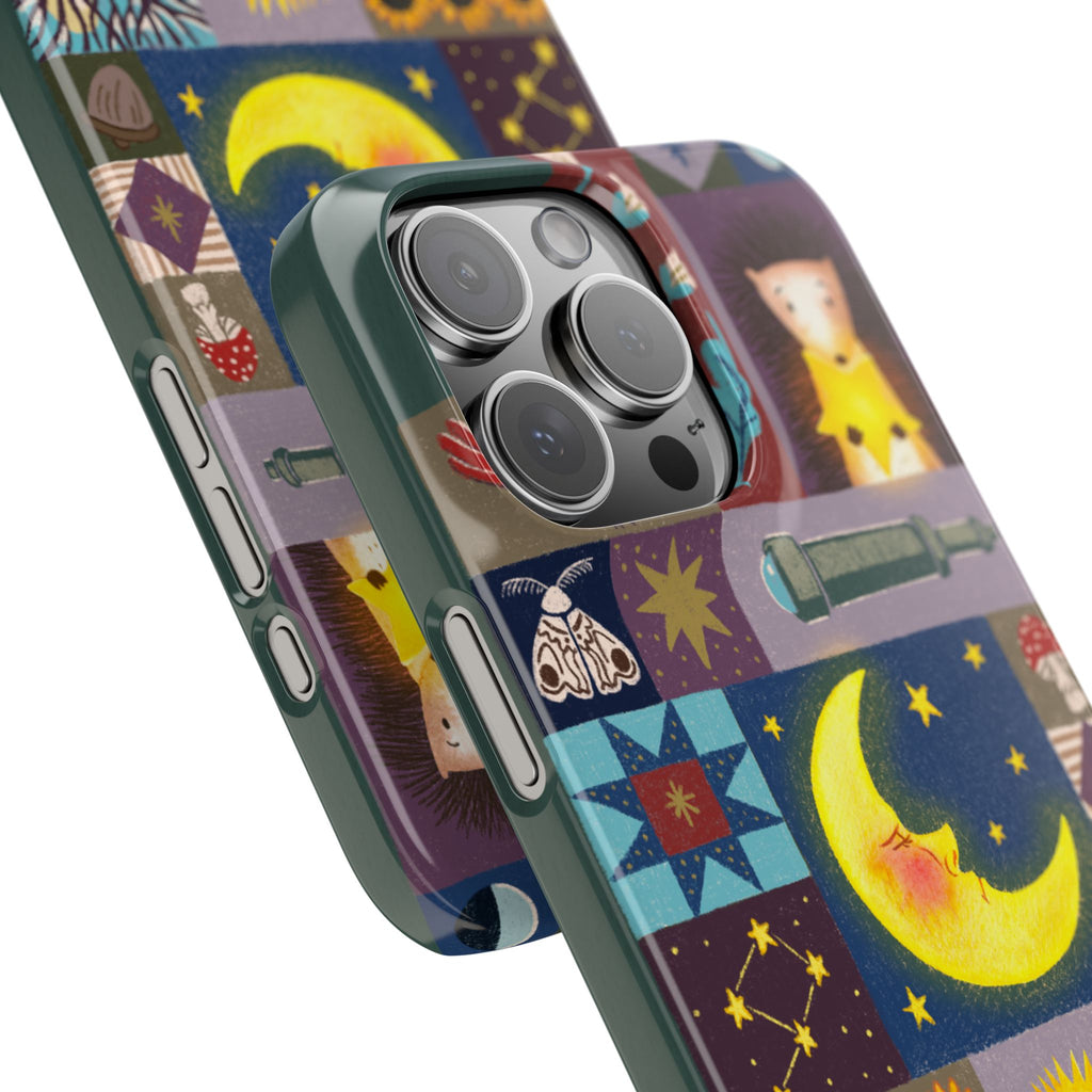 Celestial Quilt iPhone Case, Folk Art Moon Sun Fox Case, Nature Patchwork Cover, Cute Stellar Design, iPhone 7 8 X XR XS 11 12 13 14 15 16