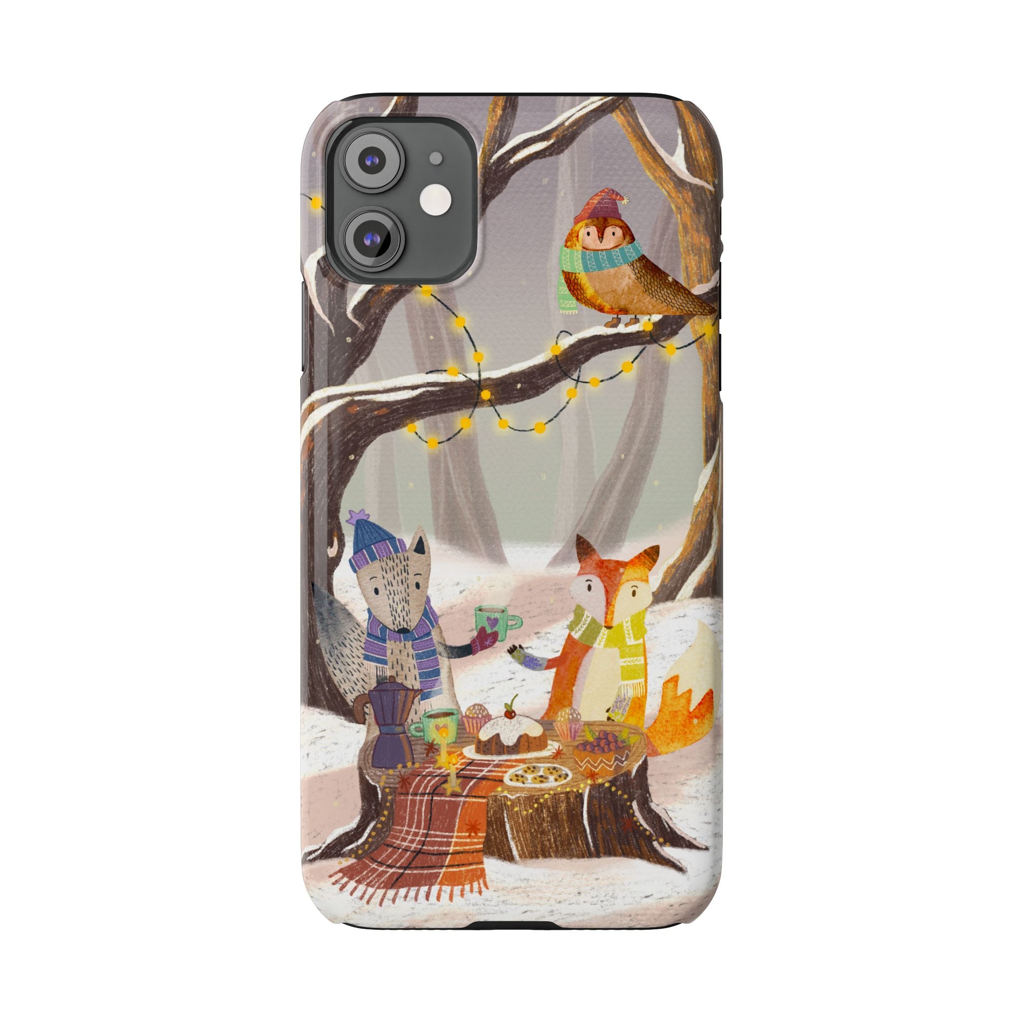 Cozy Winter Animals Slim iPhone Case, Cute Fox & Owl Design, Winter Theme Holiday Gift, Cute Phone Cover Gift, iPhone 16 15 14 13 12 11 X XR