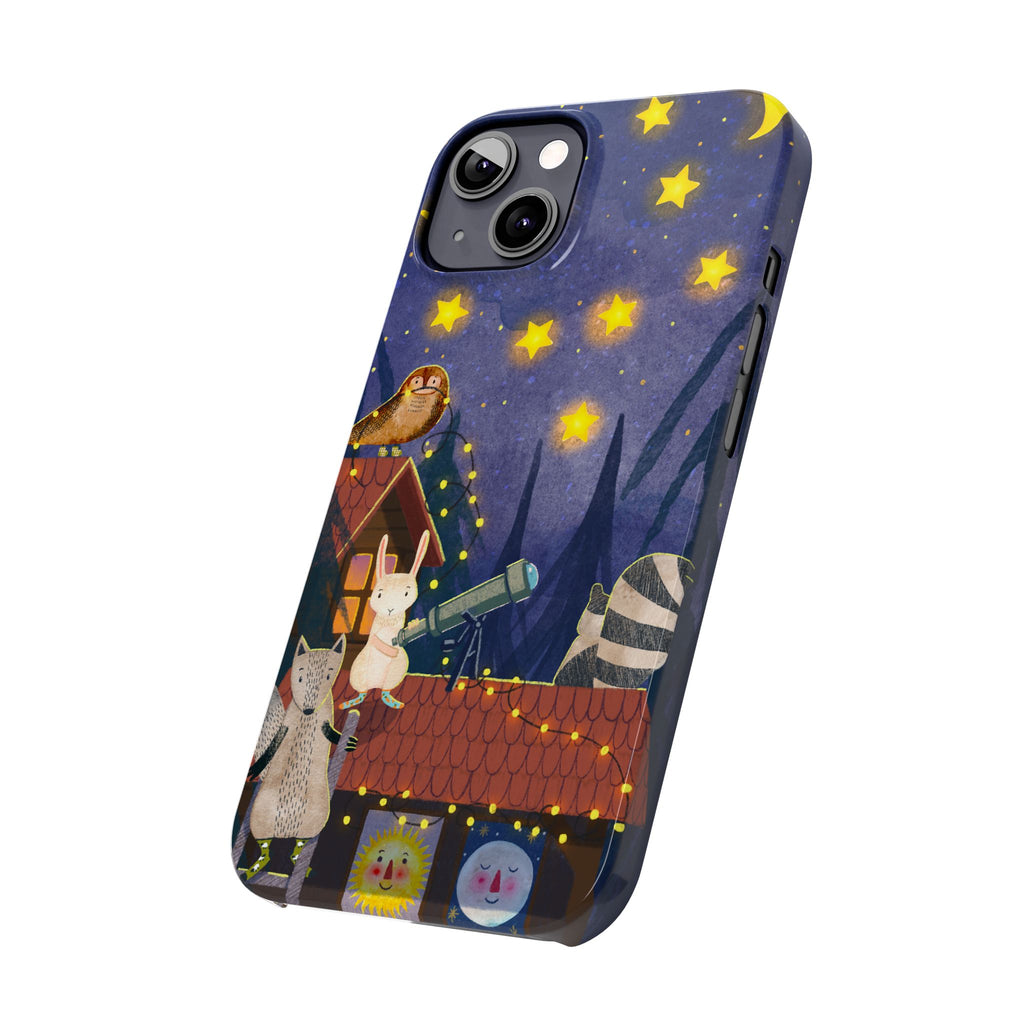 Stargazing Animals Slim iPhone Case, Night Sky Observatory Cover, Cute Forest Gift, Starry Night Gift, iPhone 16 15 14 13 12 11 X XR XS 8 7