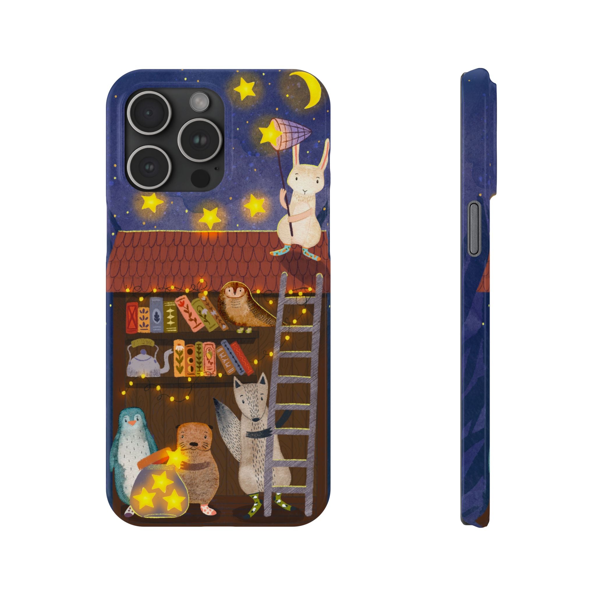 Starlit Library Phone Case, Woodland Animals iPhone Case, Cozy Night Scene Cover, Cute Animals Case Gift, iPhone 7 8 X XR 11 12 13 14 15 16