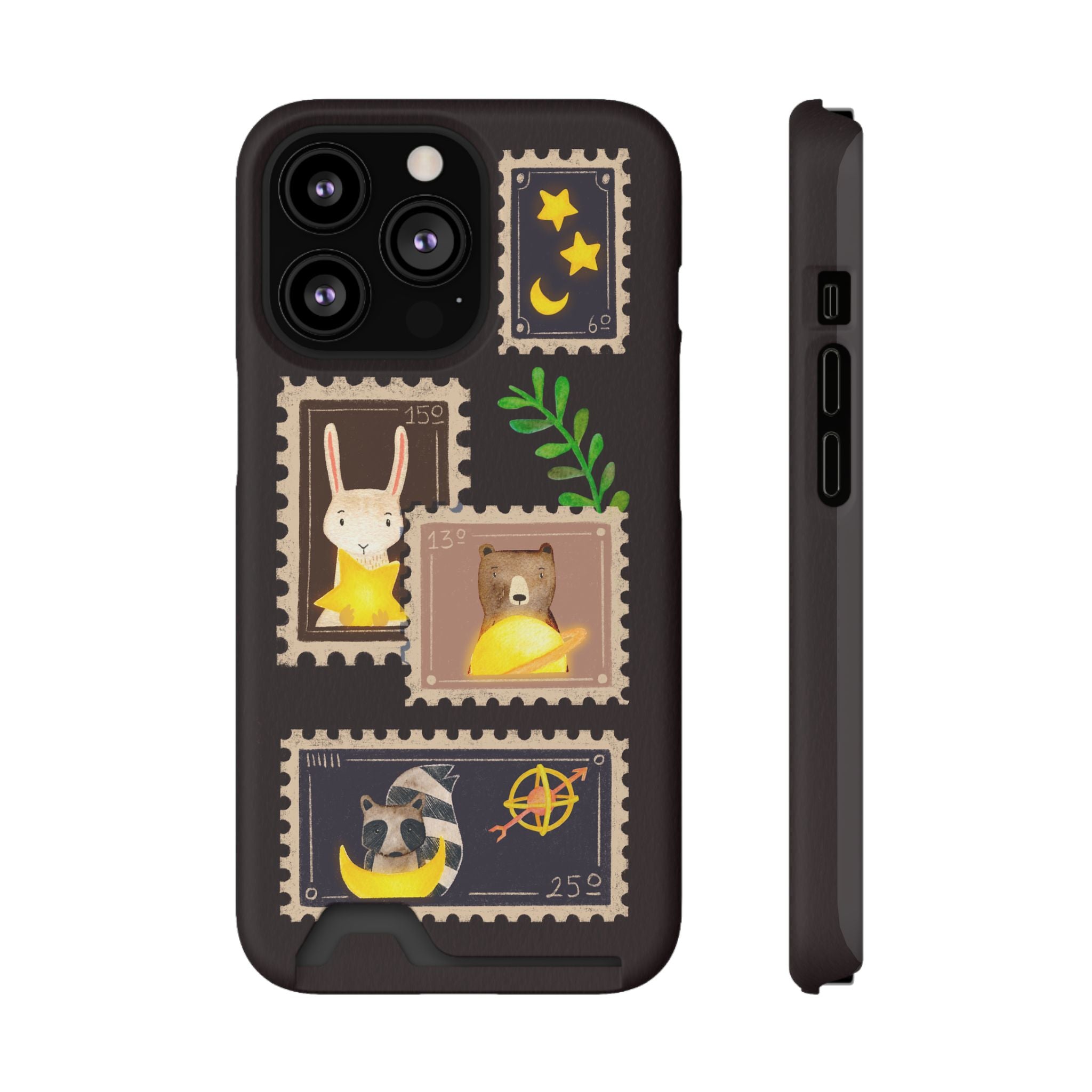 Animal Phone Case with Card Holder - Cute Raccoon, Bear & Bunny Design for iPhone 13 Samsung Galaxy S21/S22 - Pet Lovers Night Sky Style