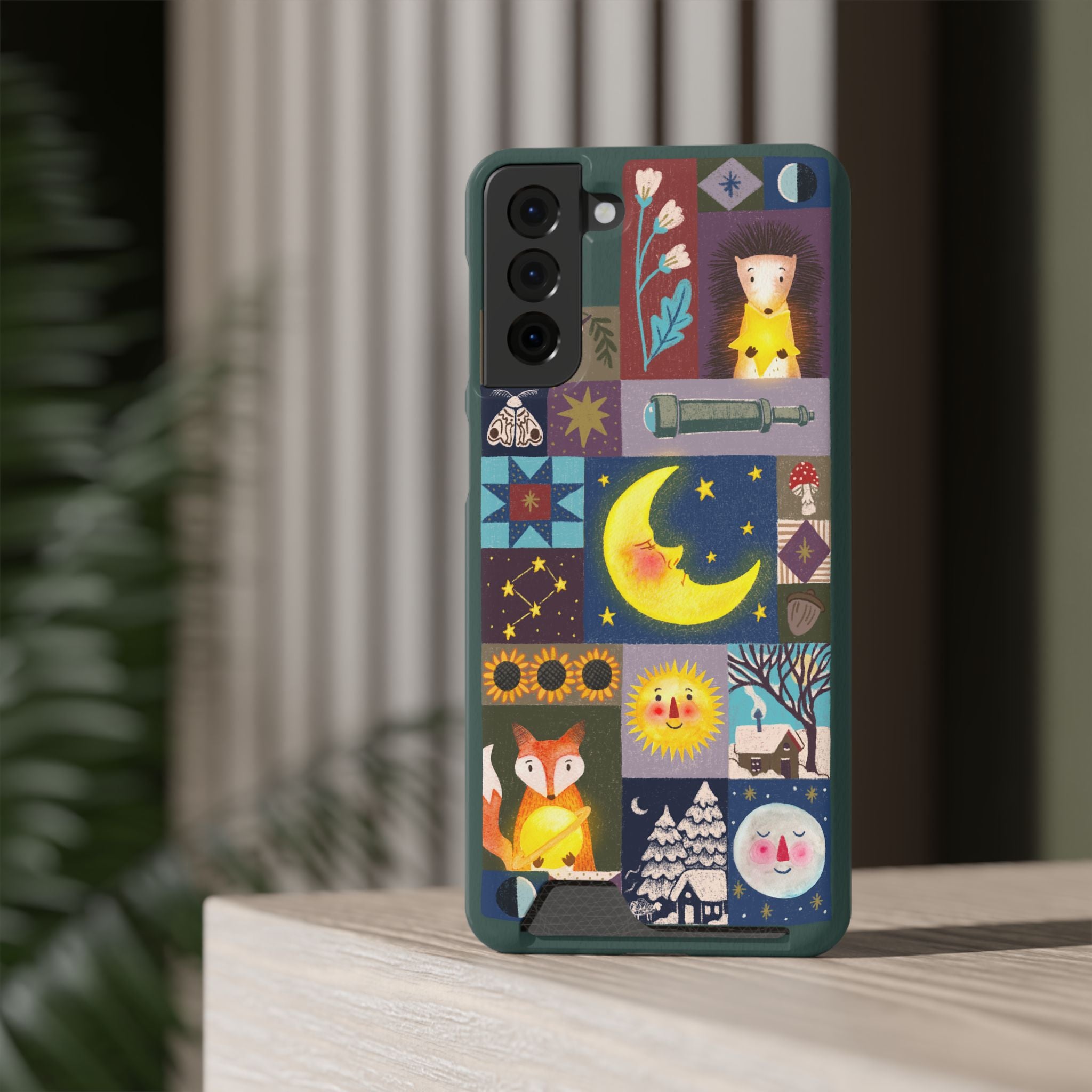 Magical Celestial Patchwork Phone Card Case - Cute Forest Animals Design, Perfect Gift for Nature Lovers, Kids & Adults, Ideal for Birthdays