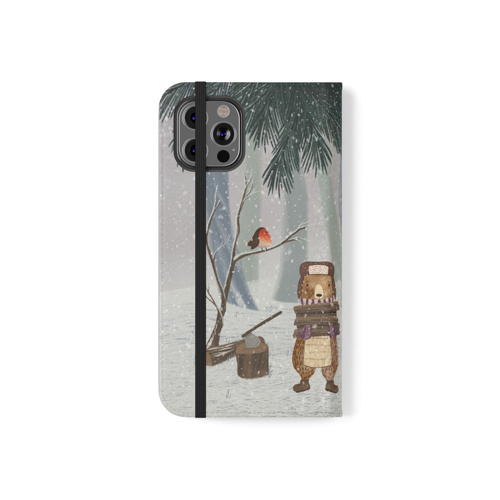 Winter Forest Friends Wallet Case, Woodland Flip Cover, Vegan Leather, Snowy Scene, Cozy Holiday, iPhone 11 12 13 14 15 16, Galaxy S21 S22