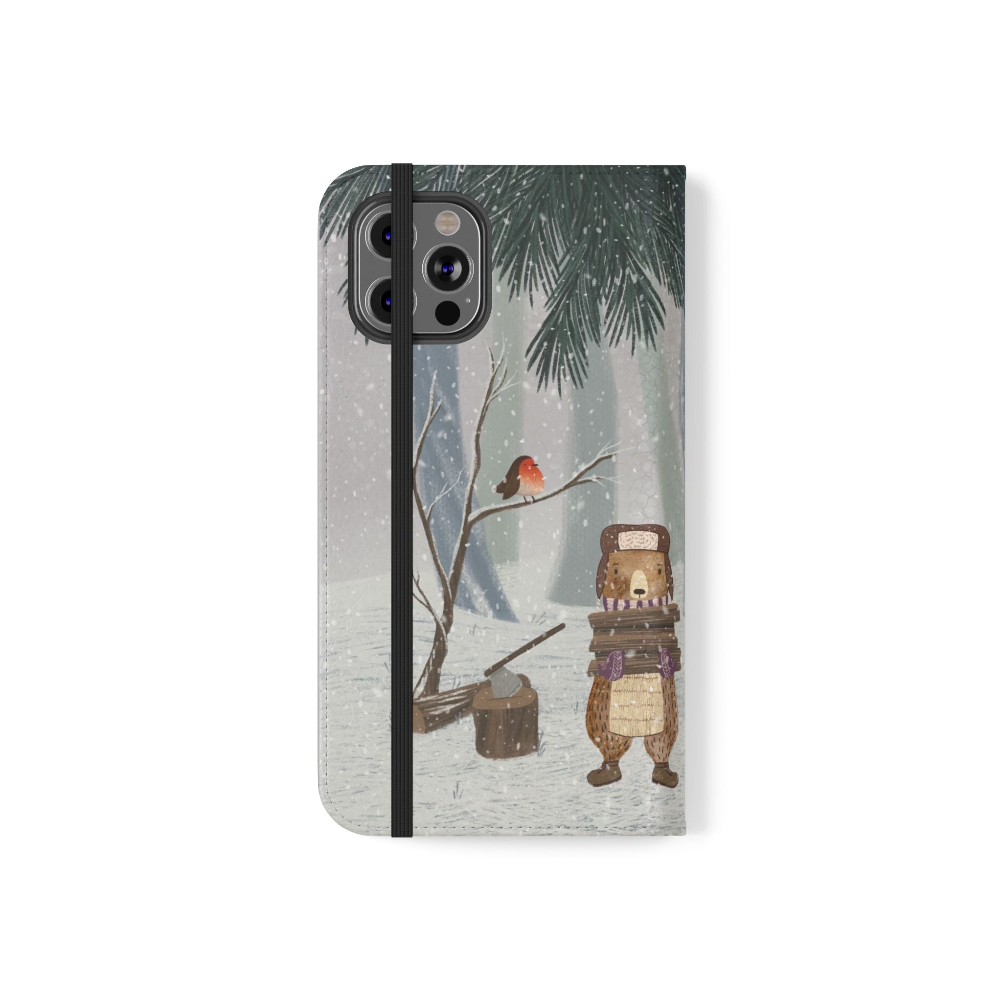 Winter Forest Friends Wallet Case, Woodland Flip Cover, Vegan Leather, Snowy Scene, Cozy Holiday, iPhone 11 12 13 14 15 16, Galaxy S21 S22