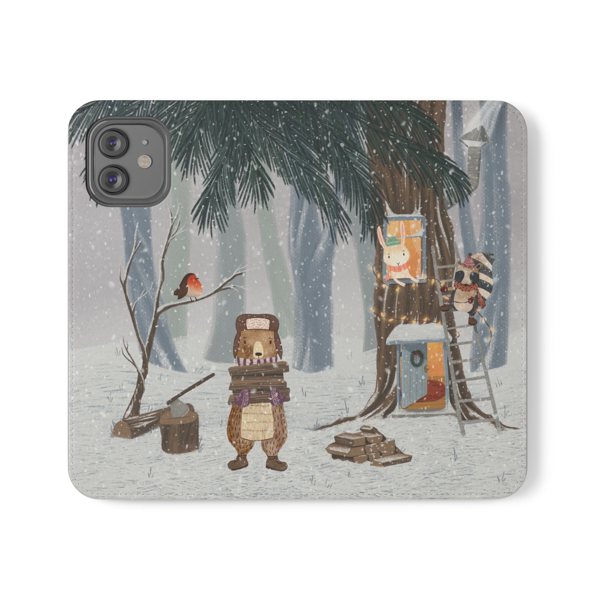Winter Forest Friends Wallet Case, Woodland Flip Cover, Vegan Leather, Snowy Scene, Cozy Holiday, iPhone 11 12 13 14 15 16, Galaxy S21 S22