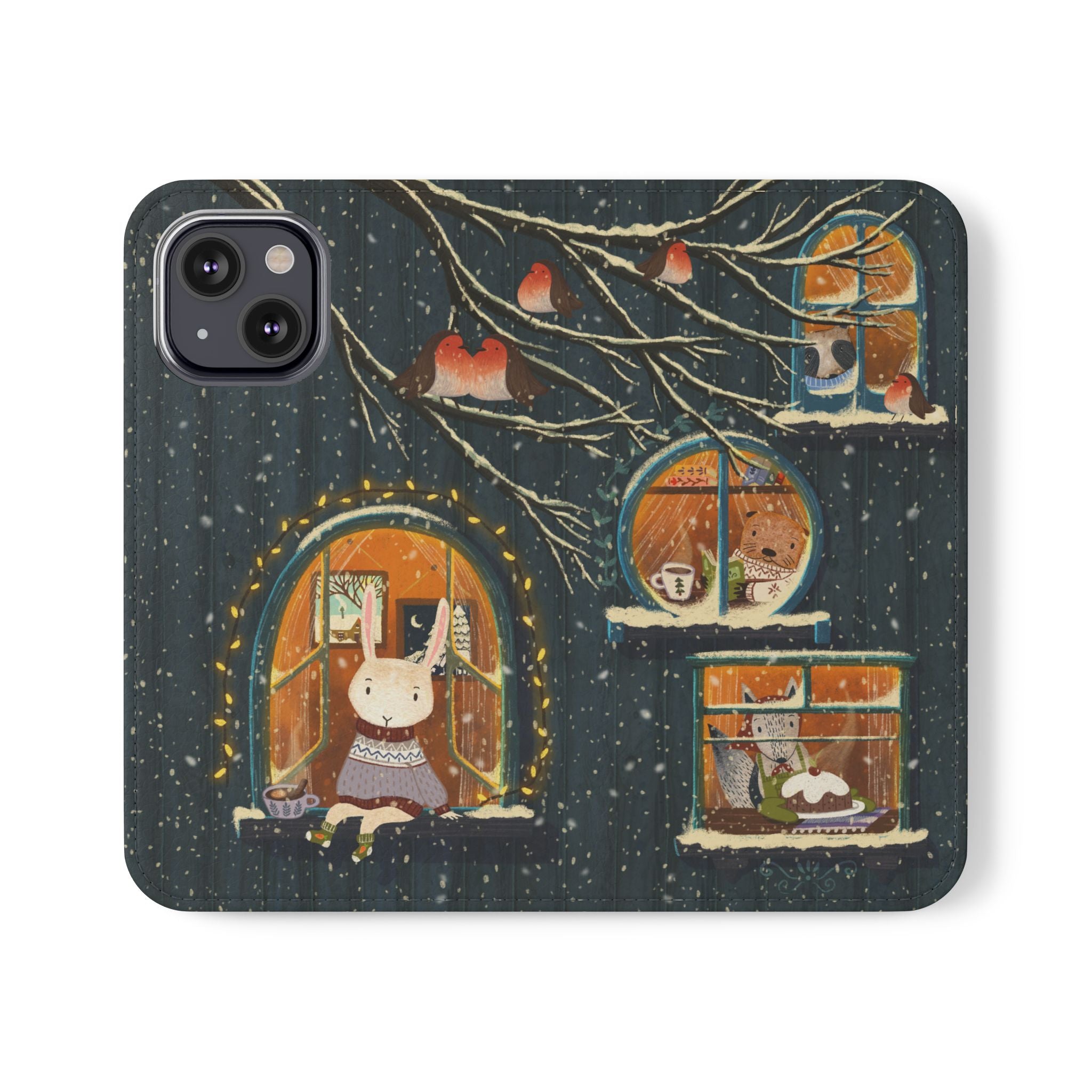 Cozy Winter Cottage Wallet Case, Cute Animals Flip Cover, Vegan Leather, Cozy Vibes, Gift Idea for iPhone 11 12 13 14 15 16, Galaxy S21 S22