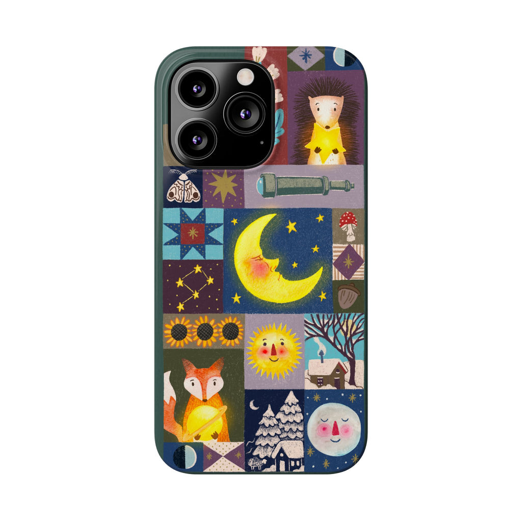 Celestial Quilt iPhone Case, Folk Art Moon Sun Fox Case, Nature Patchwork Cover, Cute Stellar Design, iPhone 7 8 X XR XS 11 12 13 14 15 16