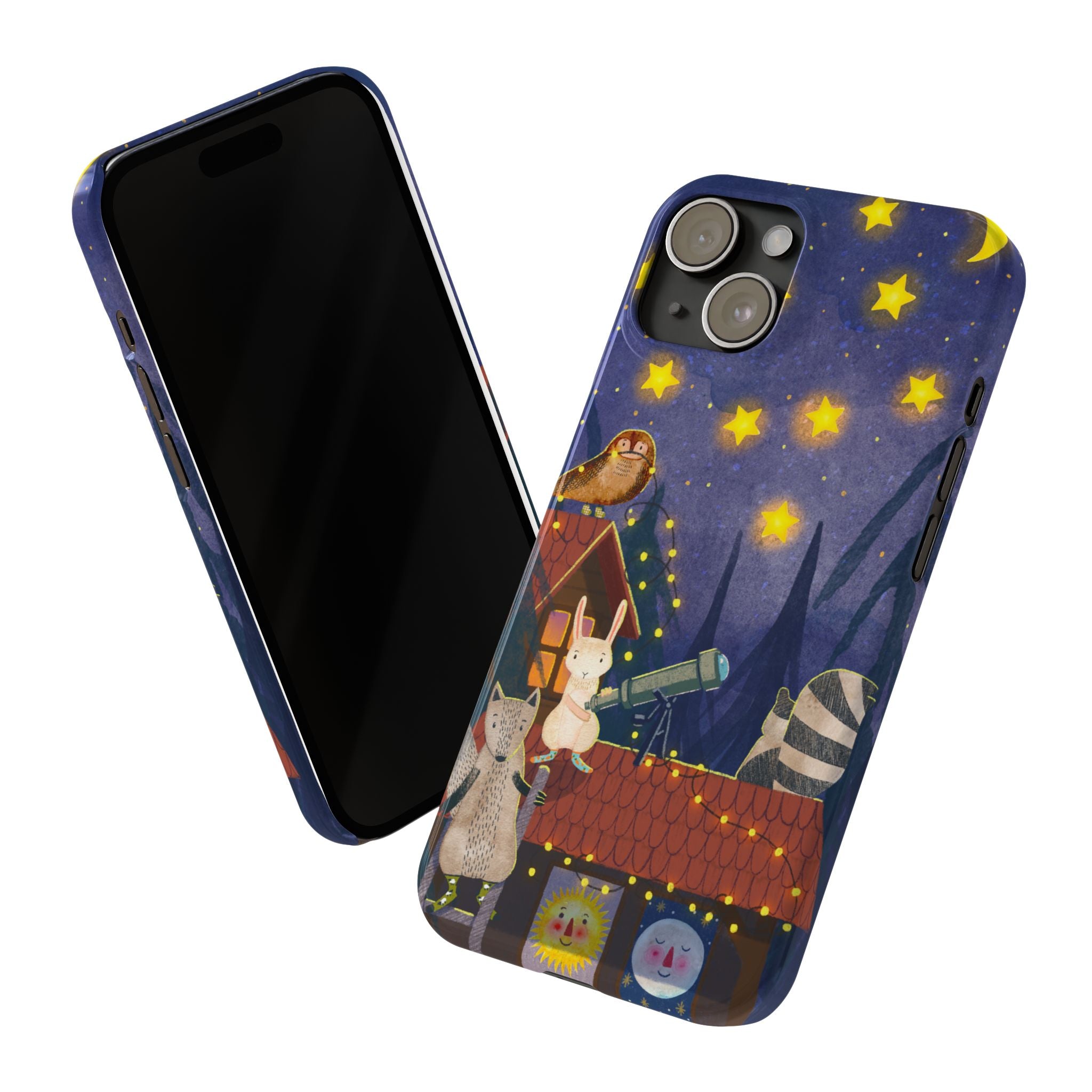 Stargazing Animals Slim iPhone Case, Night Sky Observatory Cover, Cute Forest Gift, Starry Night Gift, iPhone 16 15 14 13 12 11 X XR XS 8 7